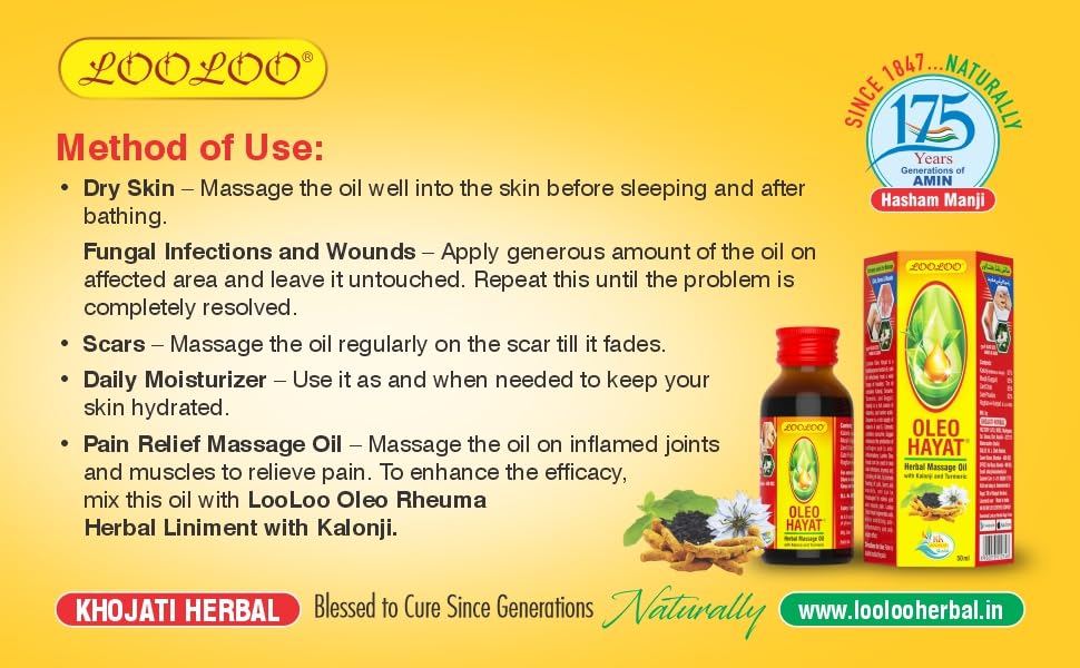 LooLoo Oleo Hayat Herbal Massage Oil with Kalonji & Turmeric - Skin Repair & Nourishment - 3 Pack (50ml Each) - Perfect for Relaxation, Aromatherapy & Spa Treatments