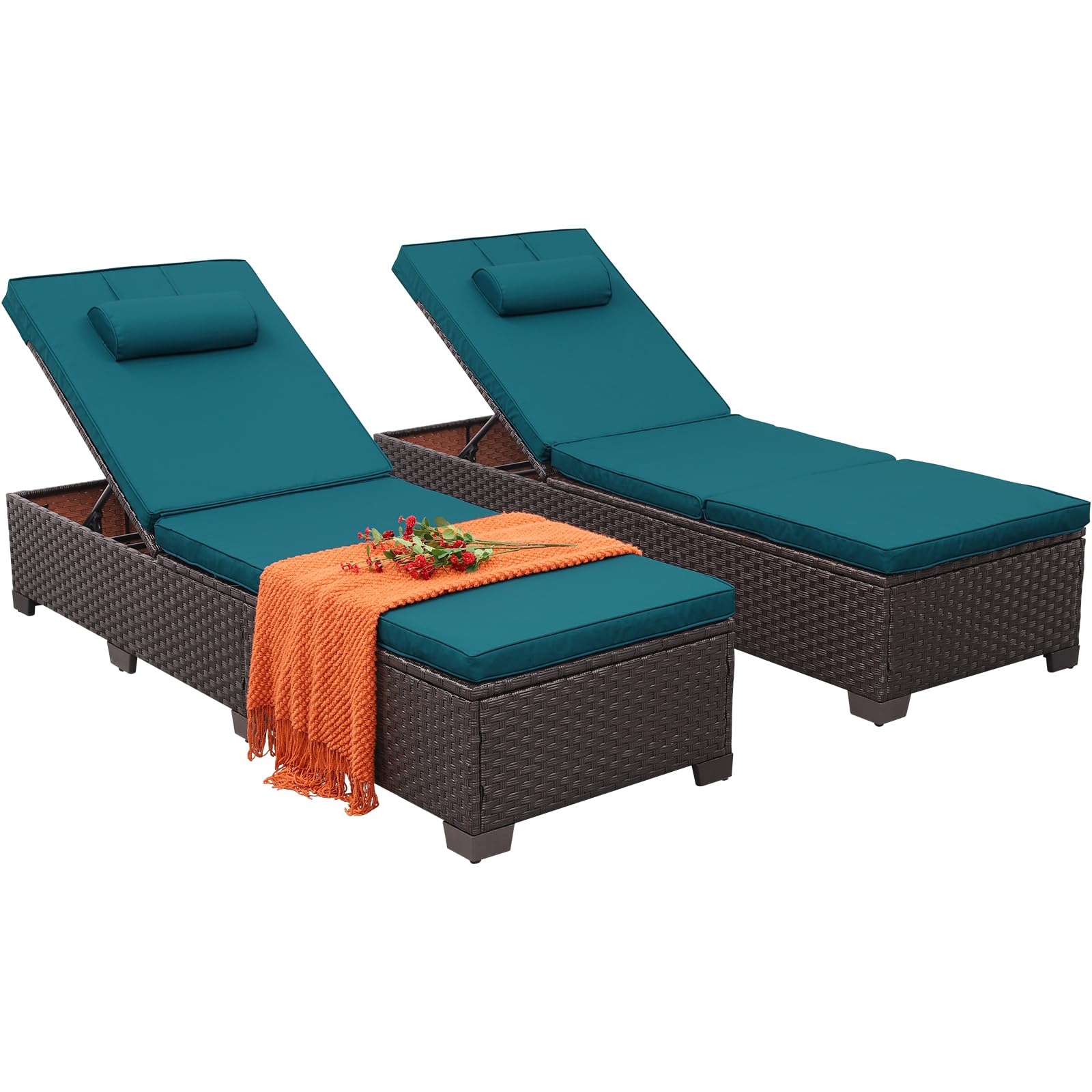 2-Piece Brown Wicker Outdoor Chaise Lounge Set - Adjustable Backrest with Peacock Blue Cushions & Headrest - Perfect for Poolside, Patio, Garden Relaxation and Sunbathing