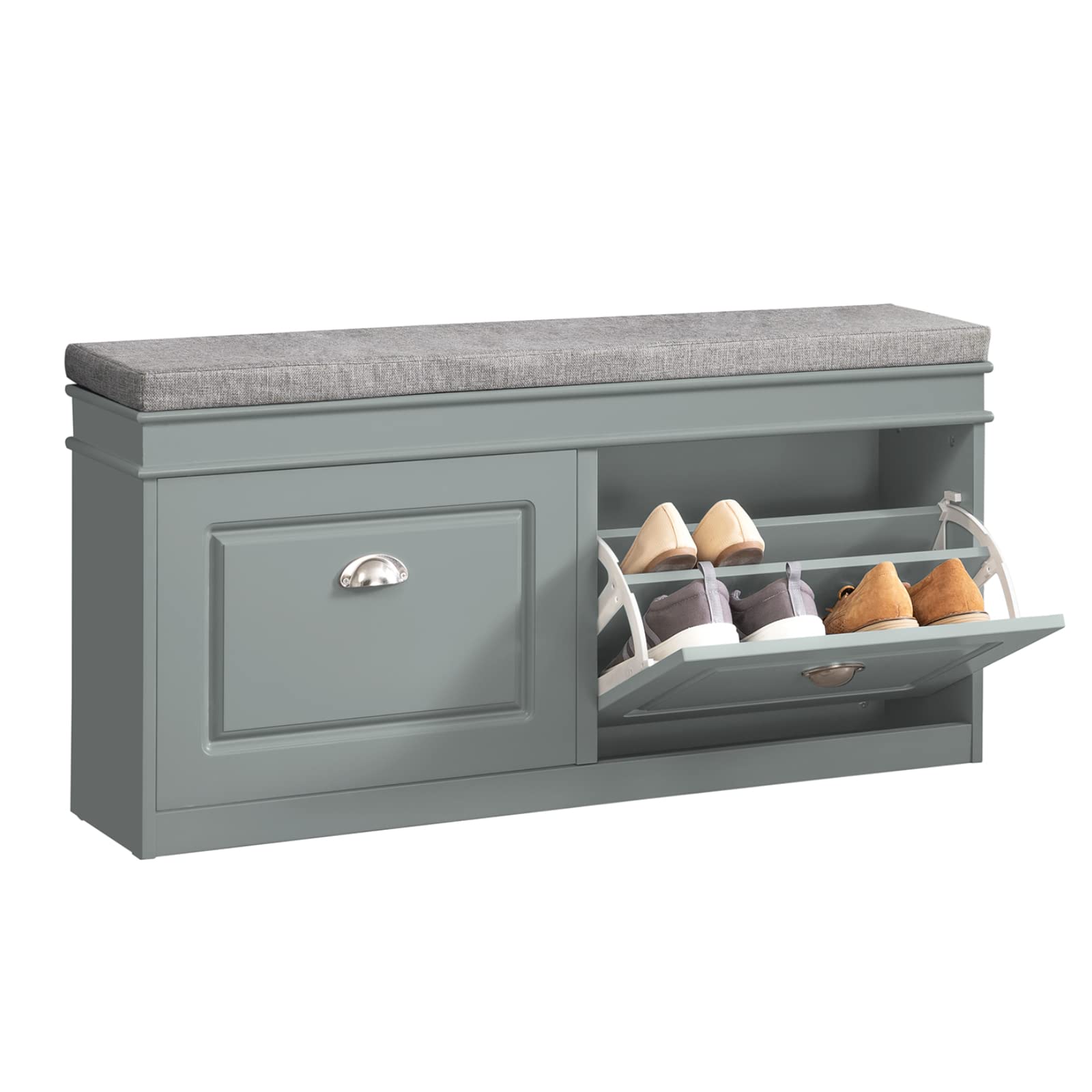 Modern Shoe Storage Bench with 2 Flip Drawers & Cushion - Entryway Shoe Cabinet Organizer for Hallway, Grey FSR64-HG | Perfect for Small Spaces, Mudroom Organization & Shoe Storage Solution