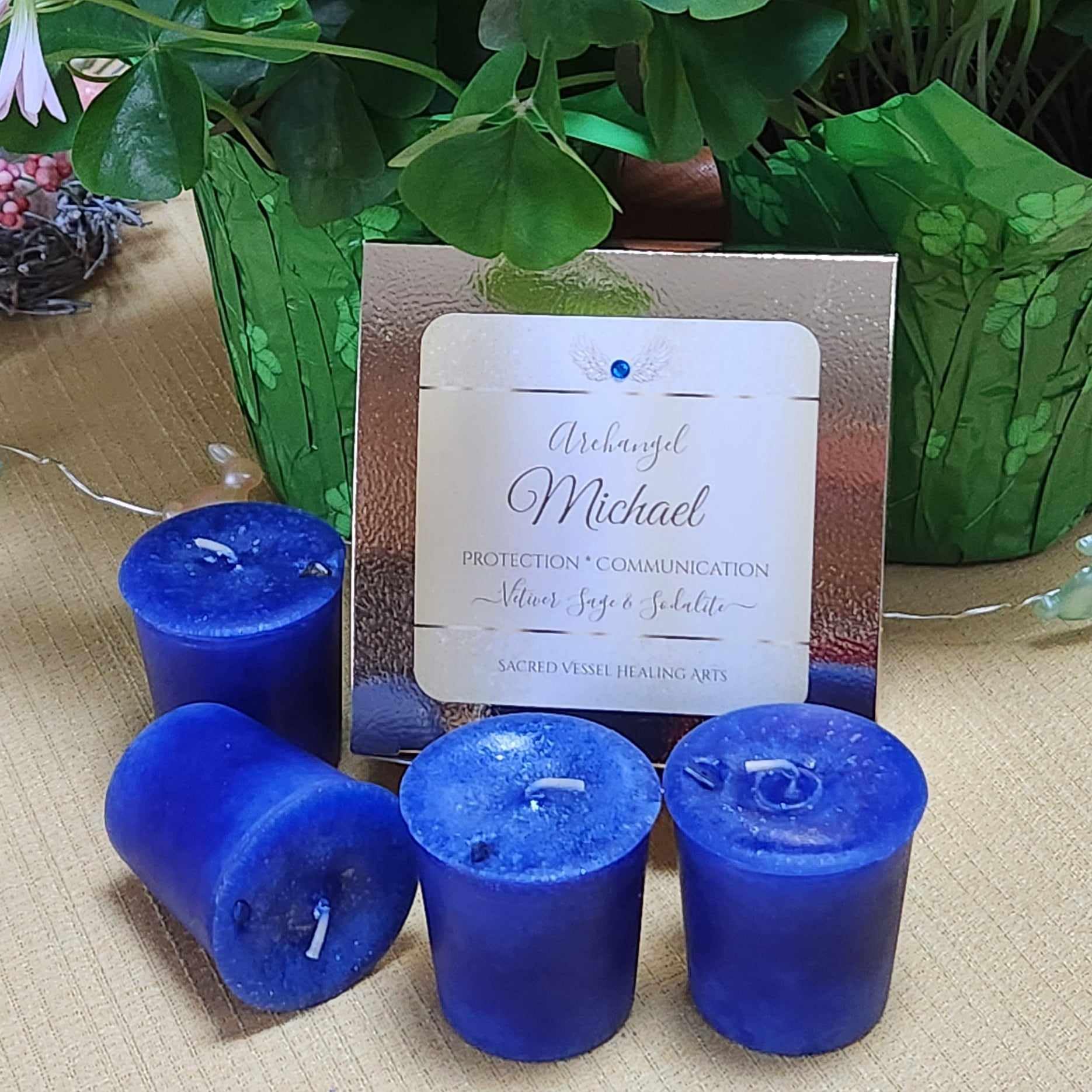 Archangel Michael Box of 4 Votive Candles with Gemstones - Spiritual Protection Candles for Home Altar, Meditation & Prayer | Religious Gifts for Christians