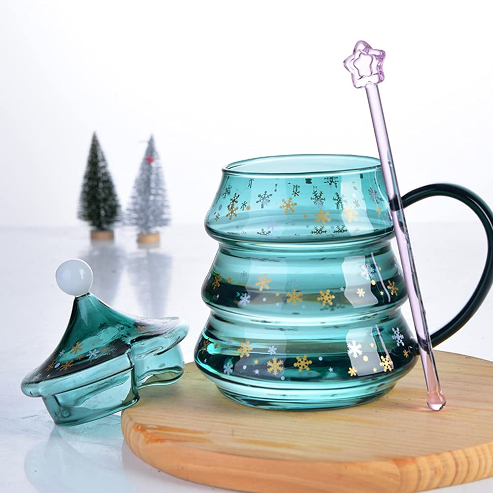 Ochine Christmas Tree Shaped Double Wall Coffee Mug - Insulated Glass Tea Cup with Lid & Dipper for Hot/Cold Drinks - Perfect Holiday Gift for Adults & Kids - Great for Christmas Decor, Office Use & Cozy Home Coffee Time