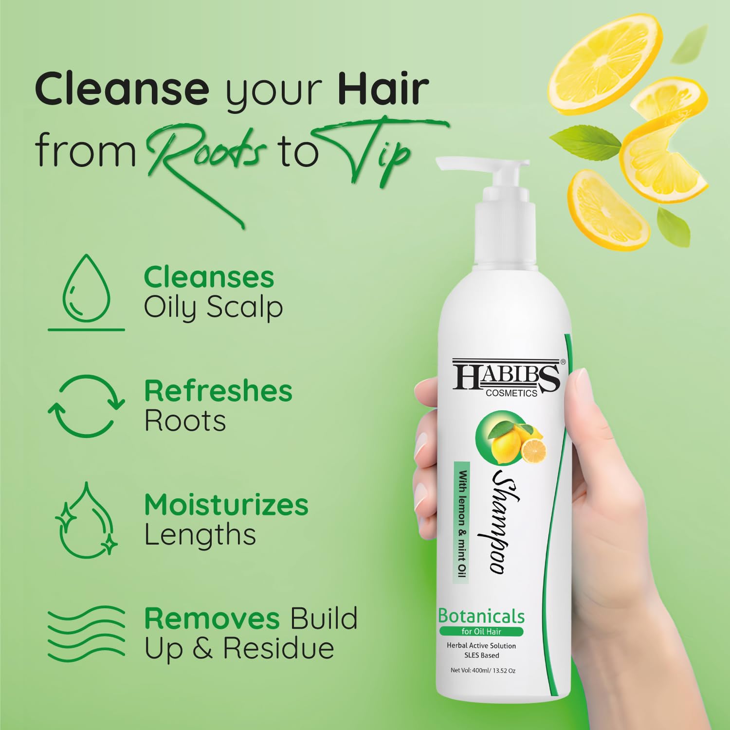 HABIBS COSMETICS Professional Oil Control Shampoo for Oily Hair & Scalp - Anti Dandruff Treatment with Natural Lemon & Mint Oil - Clears Excess Oil, Dandruff & Dry Flakes - Sulfate & Paraben Free 400ml - Perfect for Daily Hair Care & Scalp Refreshment