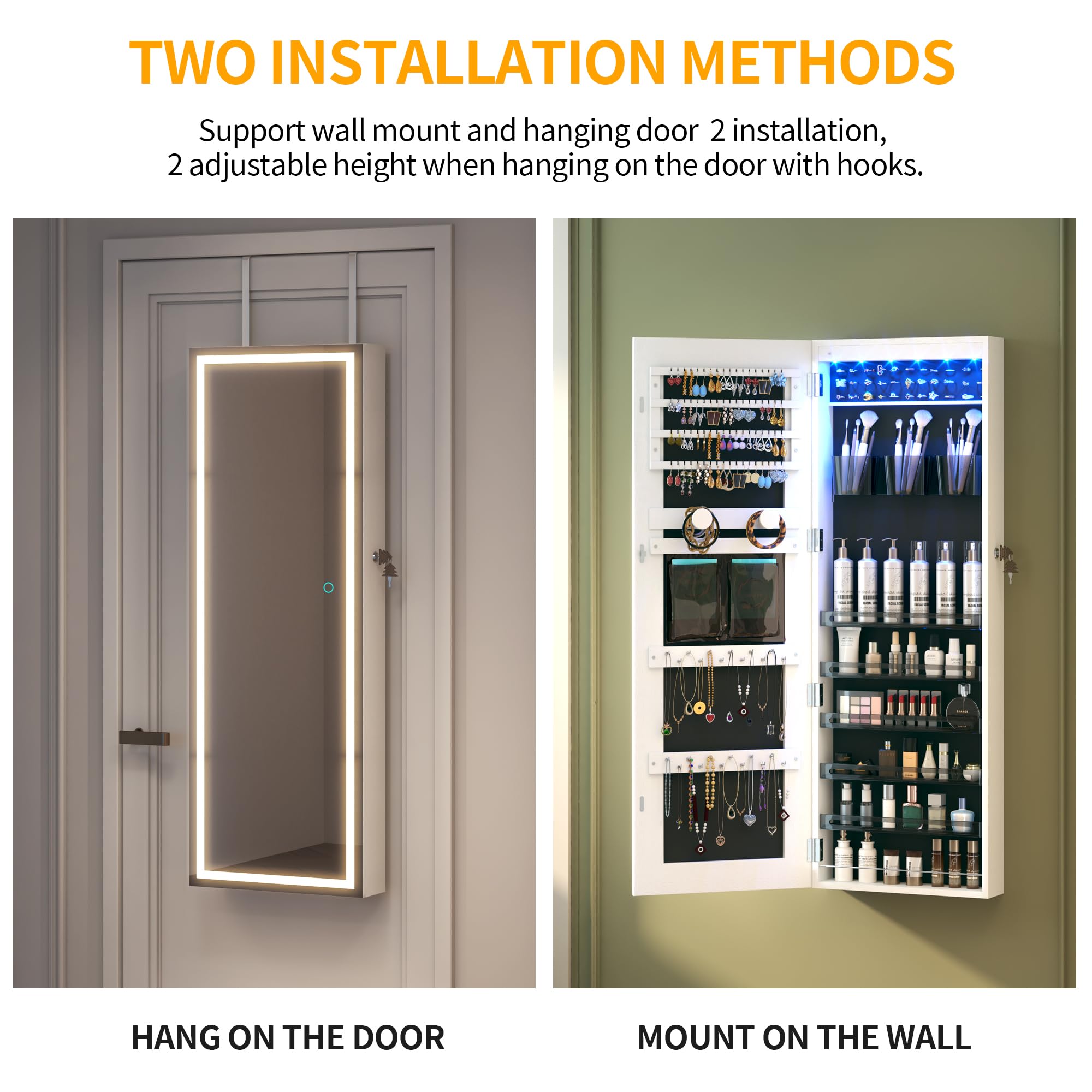 LVSOMT LED Mirror Jewelry Cabinet - Wall Mounted/Door Hanging Jewelry Organizer with Lights, Full Length Mirror & Storage - Over the Door Jewelry Armoire for Bedroom, Closet, Dressing Room (White)