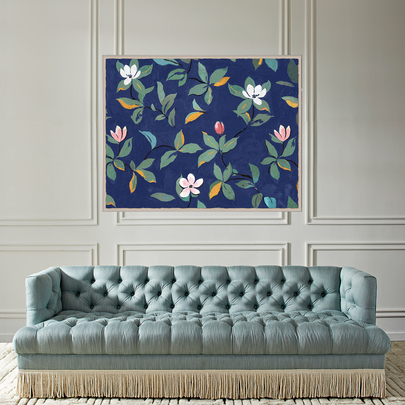 Paule Marrot Midnight Blue Magnolias Scarf - Vintage Floral Silk Fashion Accessory for Women | Perfect for Evening Events & Spring Outfits