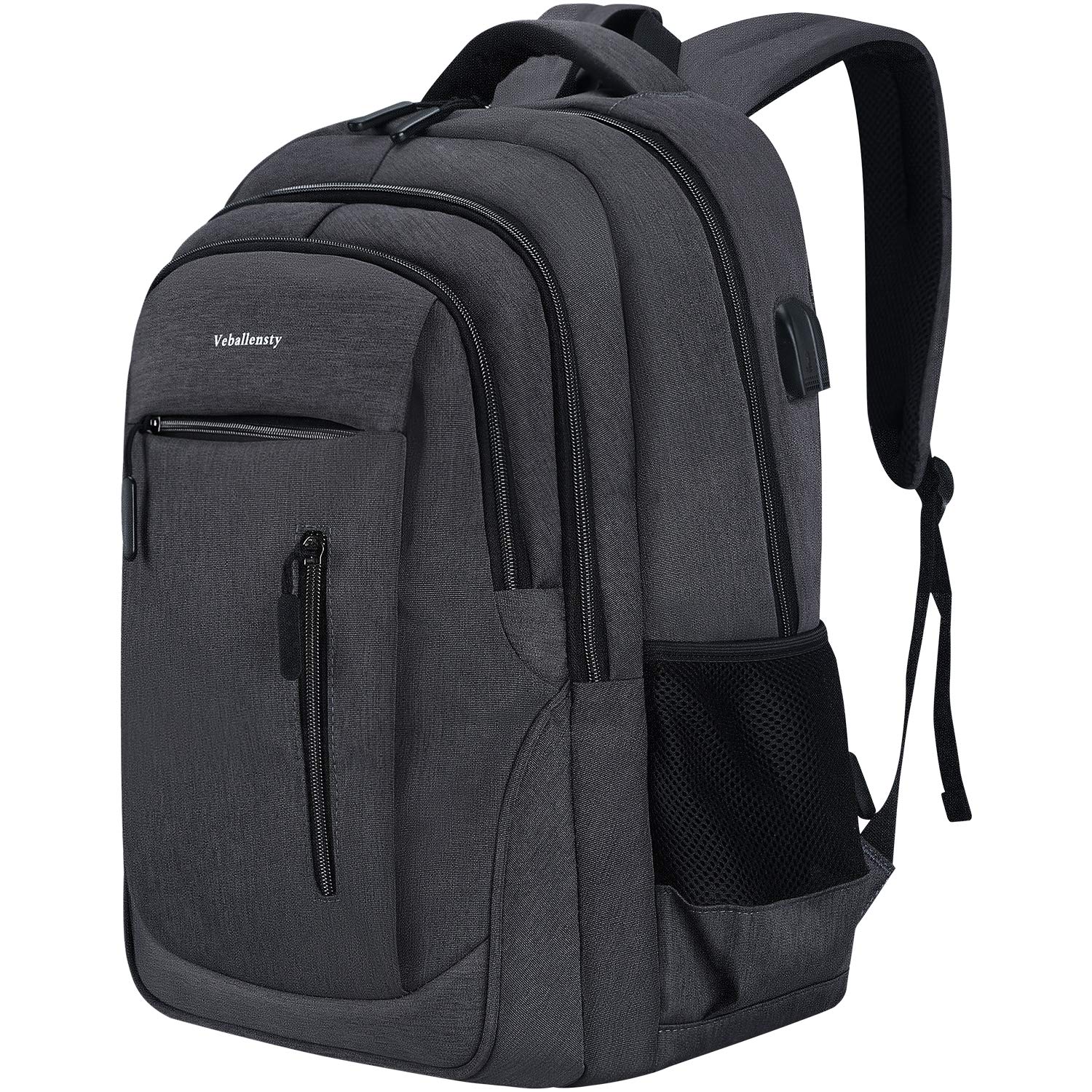 Veballensty 17.3 Inch Travel Laptop Backpack with USB Charging Port & Headphone Jack - Water Resistant Business Backpack for College, School & Work - Large Compartment Computer Bag (Grey) - Perfect for Commuting, Air Travel & Daily Use