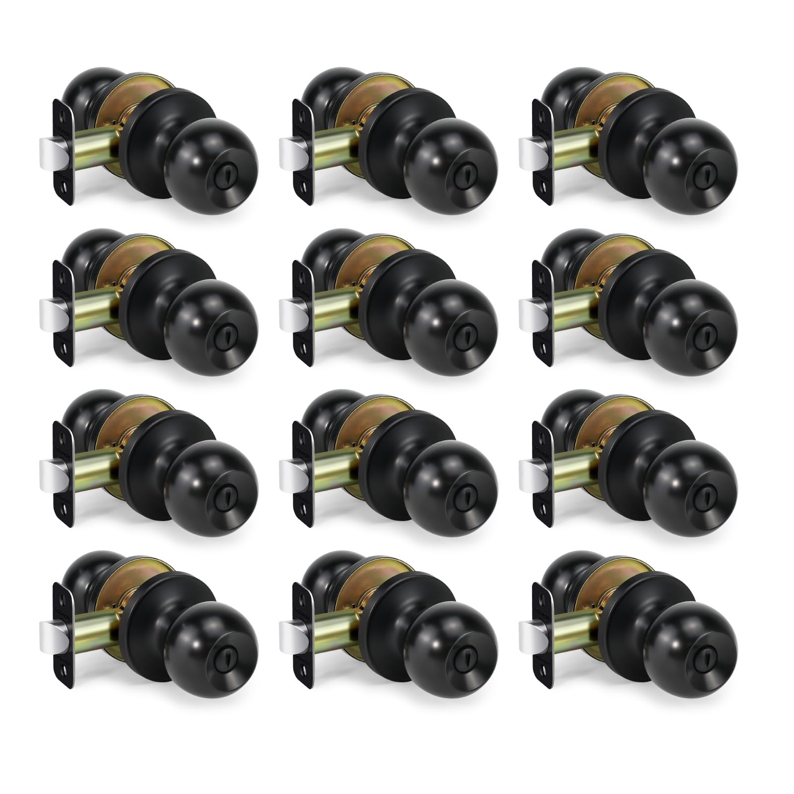LOQRON 12-Pack Keyless Ball Door Knob Set - Matte Black Privacy Interior Door Lock with Round Handle for Bedroom & Bathroom (Left/Right Hand Compatible) - Perfect for Home, Office, and Rental Property Security