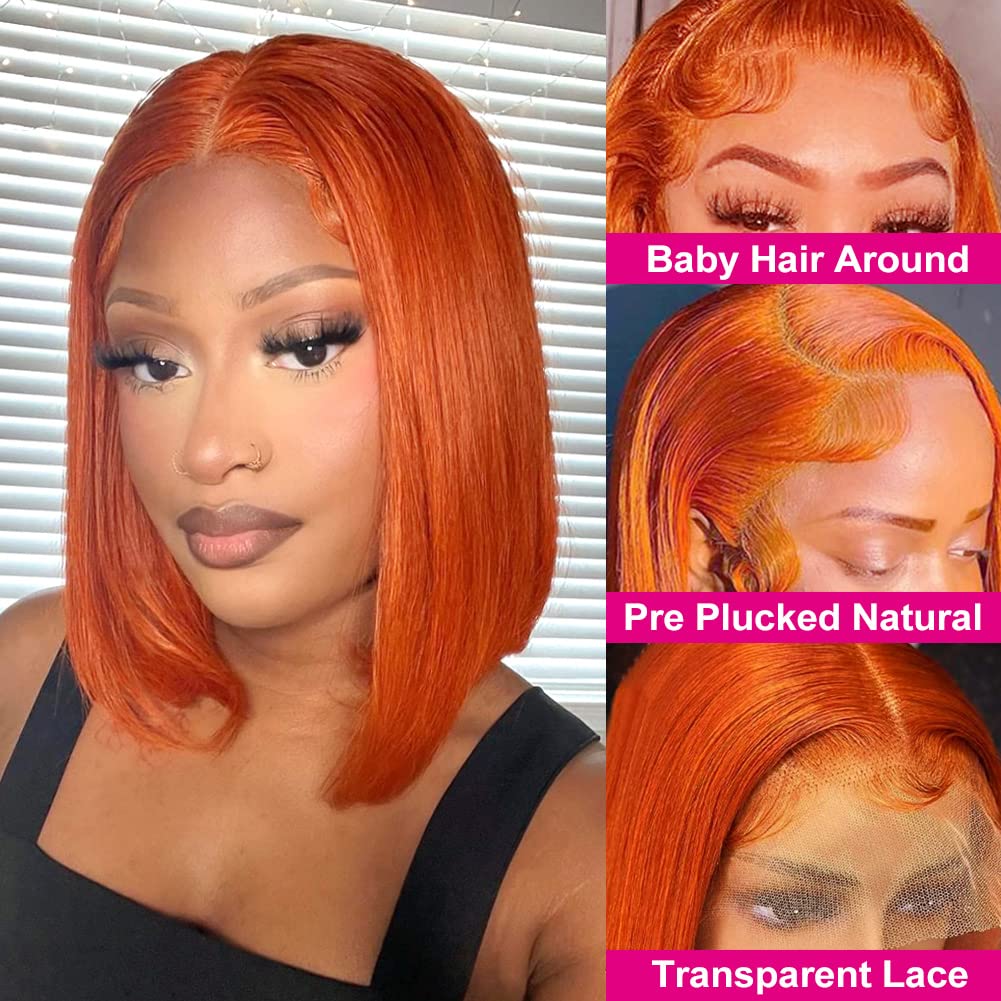 12 Inch Ginger Orange Bob Wig Human Hair - Glueless 13x4 HD Lace Front Wig with Pre-Plucked Natural Hairline for Black Women | #350 Straight Lace Frontal Wigs | Perfect for Cosplay, Halloween, Daily Wear & Protective Styling