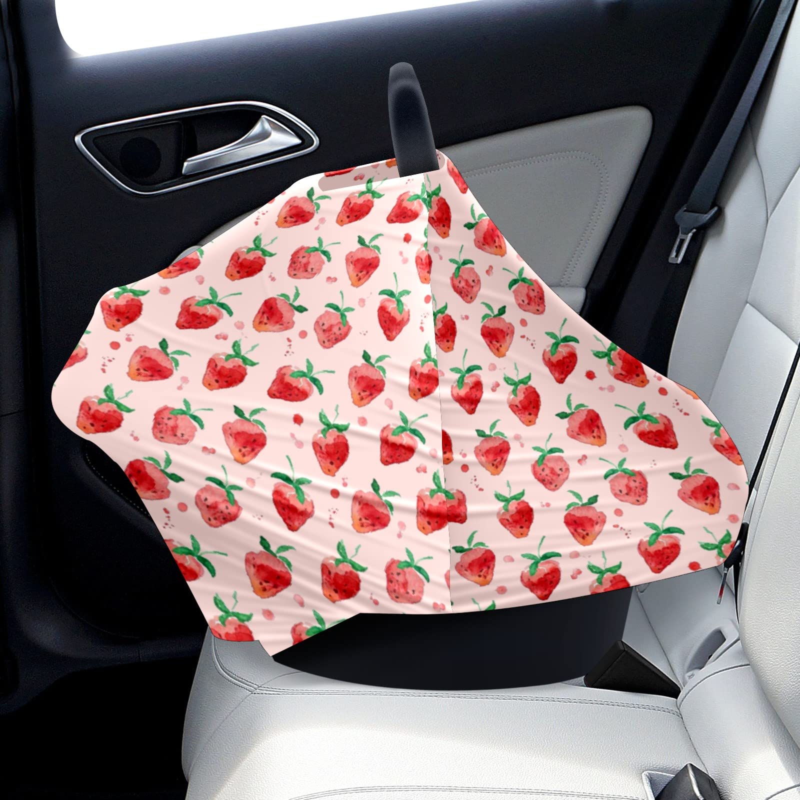 Soft Stretchy Baby Car Seat Cover & Nursing Scarf - Breathable Summer Infant Canopy for Strollers, Carriers, and Breastfeeding - Multi-Use for Boys & Girls (Strawberry Fruit Design) - Perfect for Outdoor Walks, Shopping Trips, and Travel Protection
