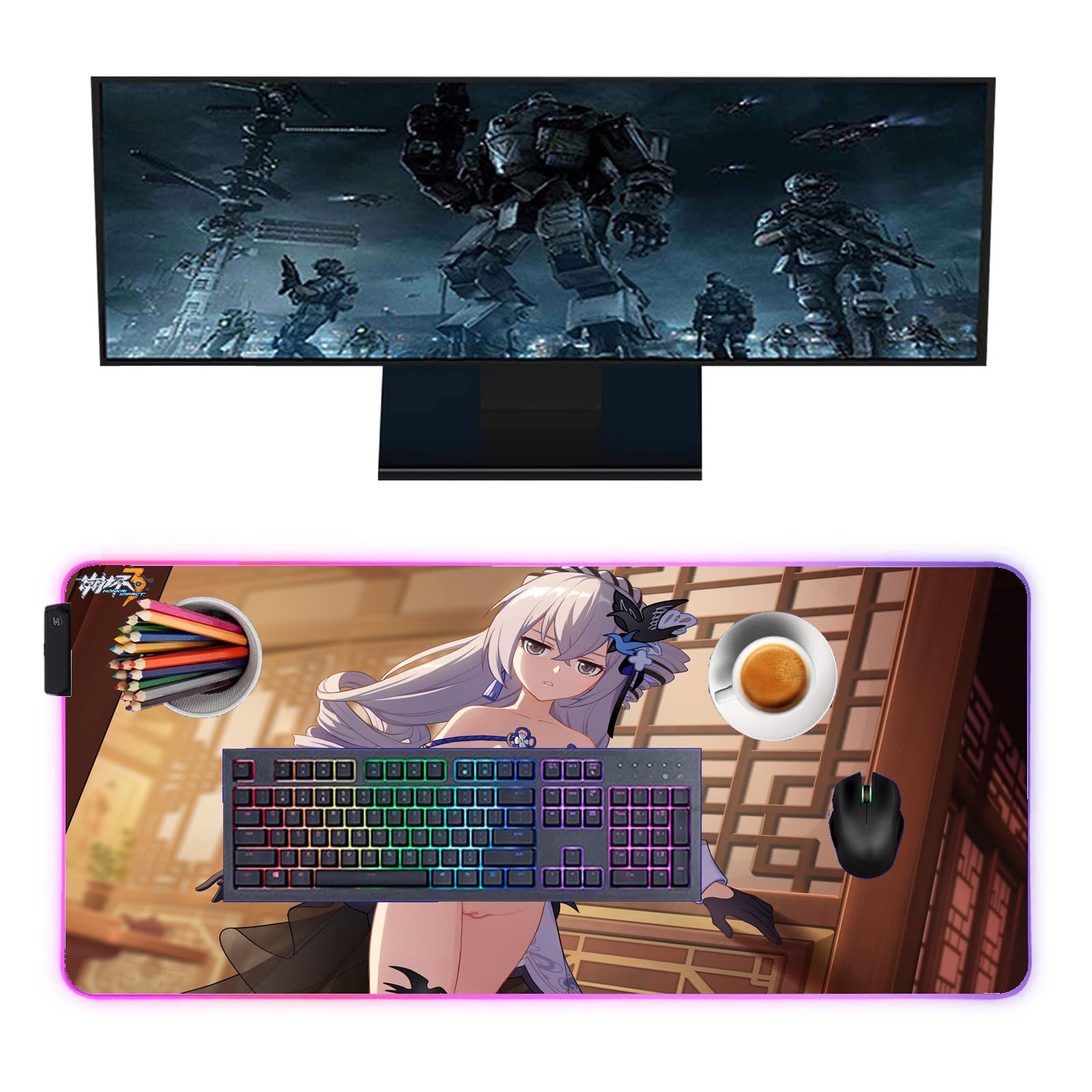Large RGB LED Gaming Mouse Pad with Sexy Anime Girl Design - 27.55 x 12 Inch Non-Slip Desk Mat for PC Gamers | Perfect for Gaming Setups, Office Work & Streamer Desks