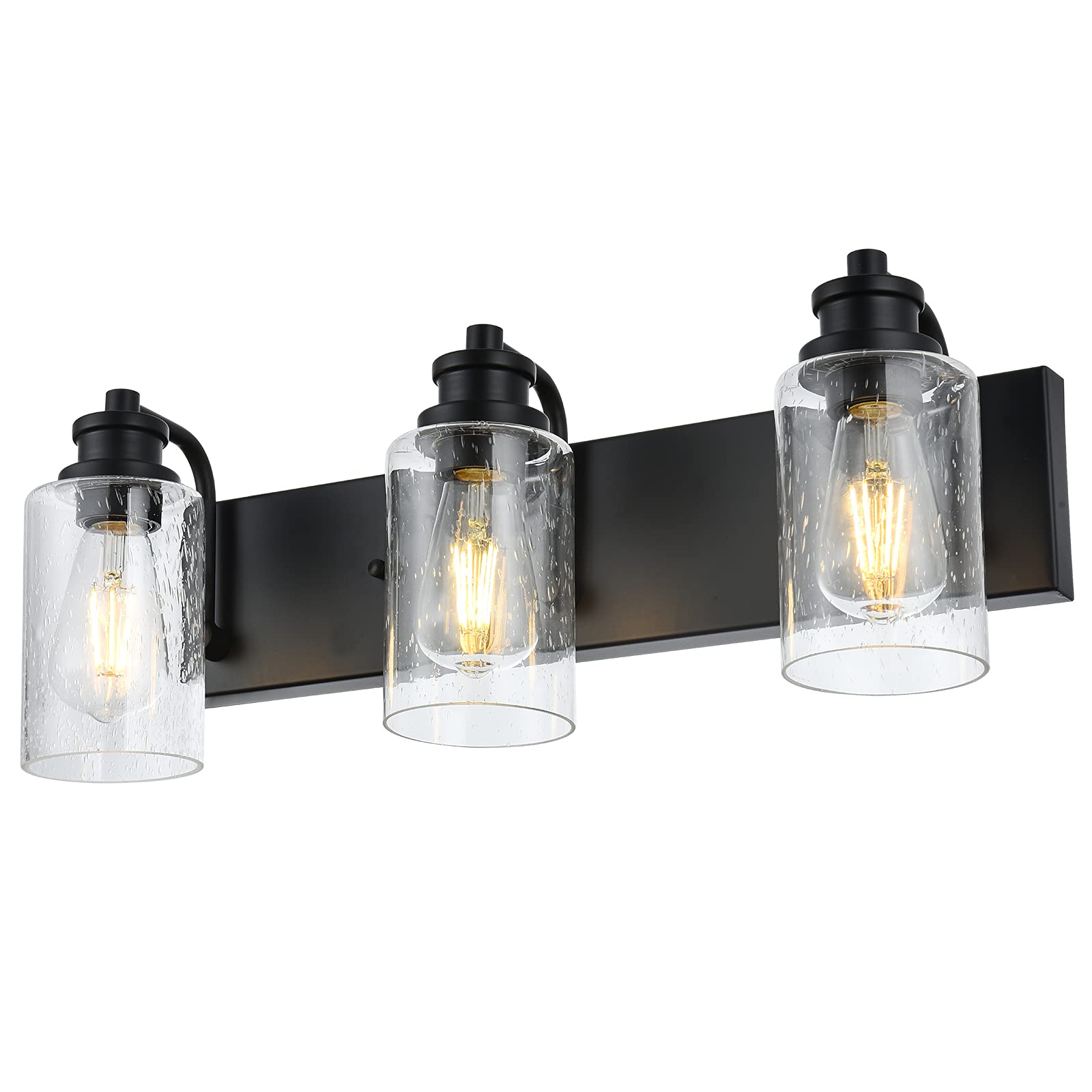 VINLUZ 3-Light Black Industrial Vanity Light Fixture with Seedy Glass Shade - Wall Mount Bathroom Mirror Lighting for Modern Home Decor & Makeup Area