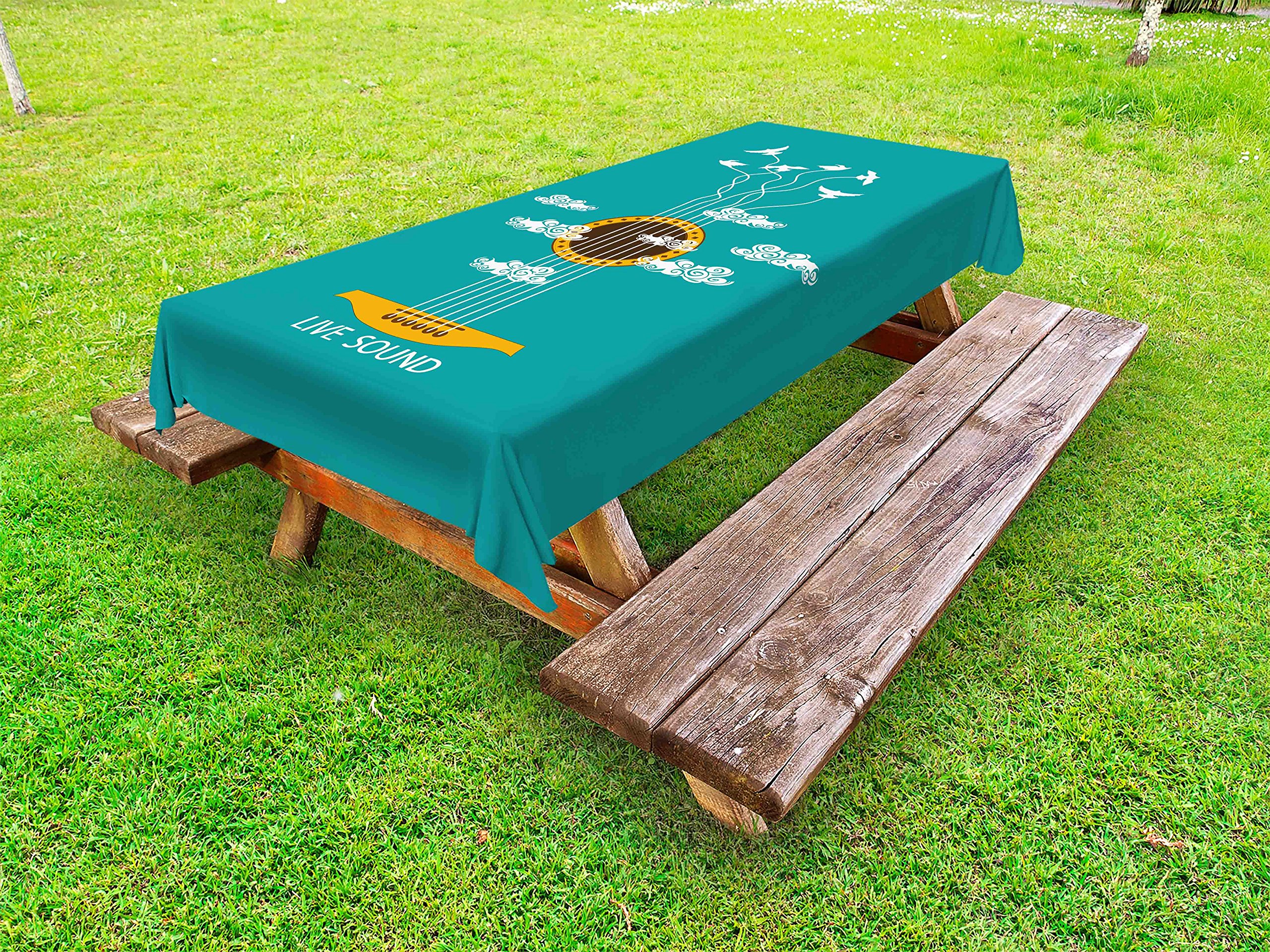 Ambesonne Guitar Themed Outdoor Tablecloth - Abstract Music Design with Birds on Strings & Clouds - Washable Picnic Table Cover 58x104 Inches in Turquoise Marigold White - Perfect for BBQs, Garden Parties & Outdoor Dining