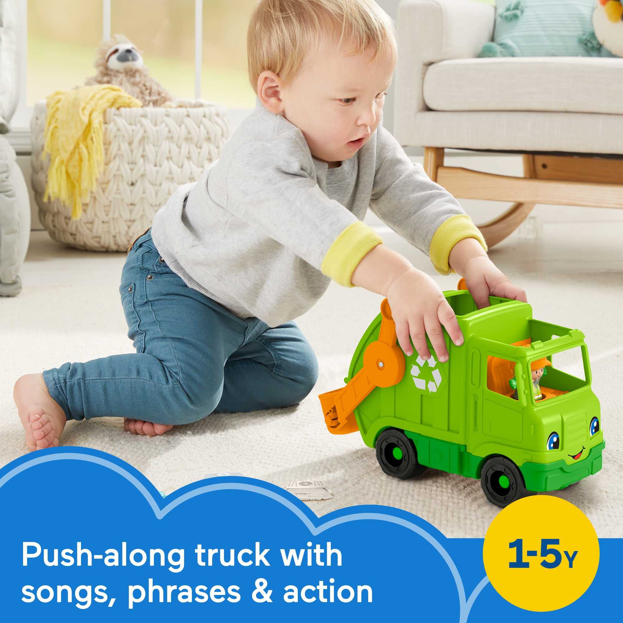 Fisher-Price Little People Toddler Toy Recycling Truck with Lights & Sounds - Musical Garbage Vehicle Playset with Figure for Kids Ages 1-5 Years - Preschool Pretend Play & Eco-Friendly Learning Toy for Home & Classroom