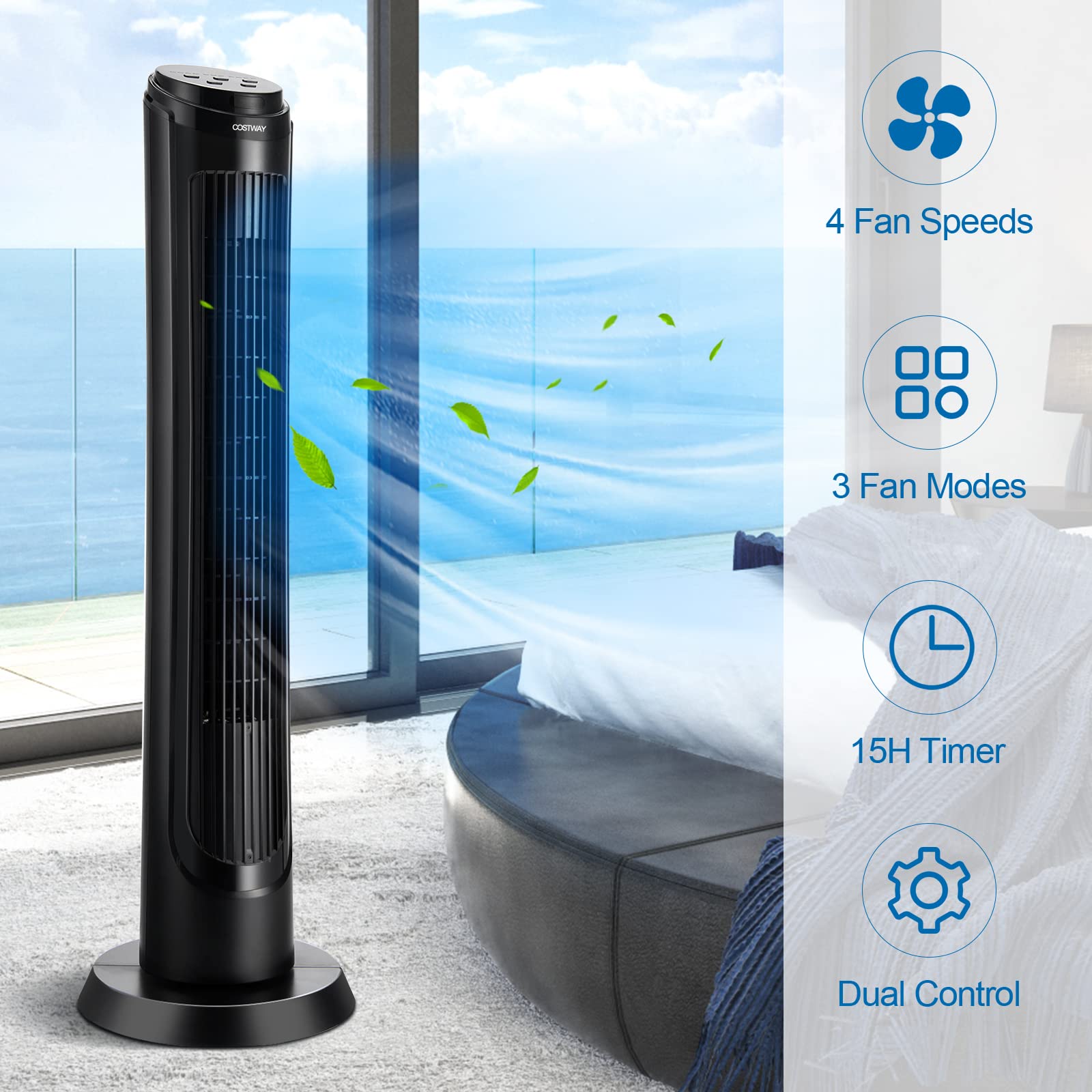 COSTWAY 40-Inch Tower Fan with Remote Control, 80° Oscillation, 4 Speeds & 3 Modes, 15H Timer, Ultra Quiet for Home Office & Bedroom | Portable Standing Fan with Sleep Mode for Cooling & Air Circulation | Black