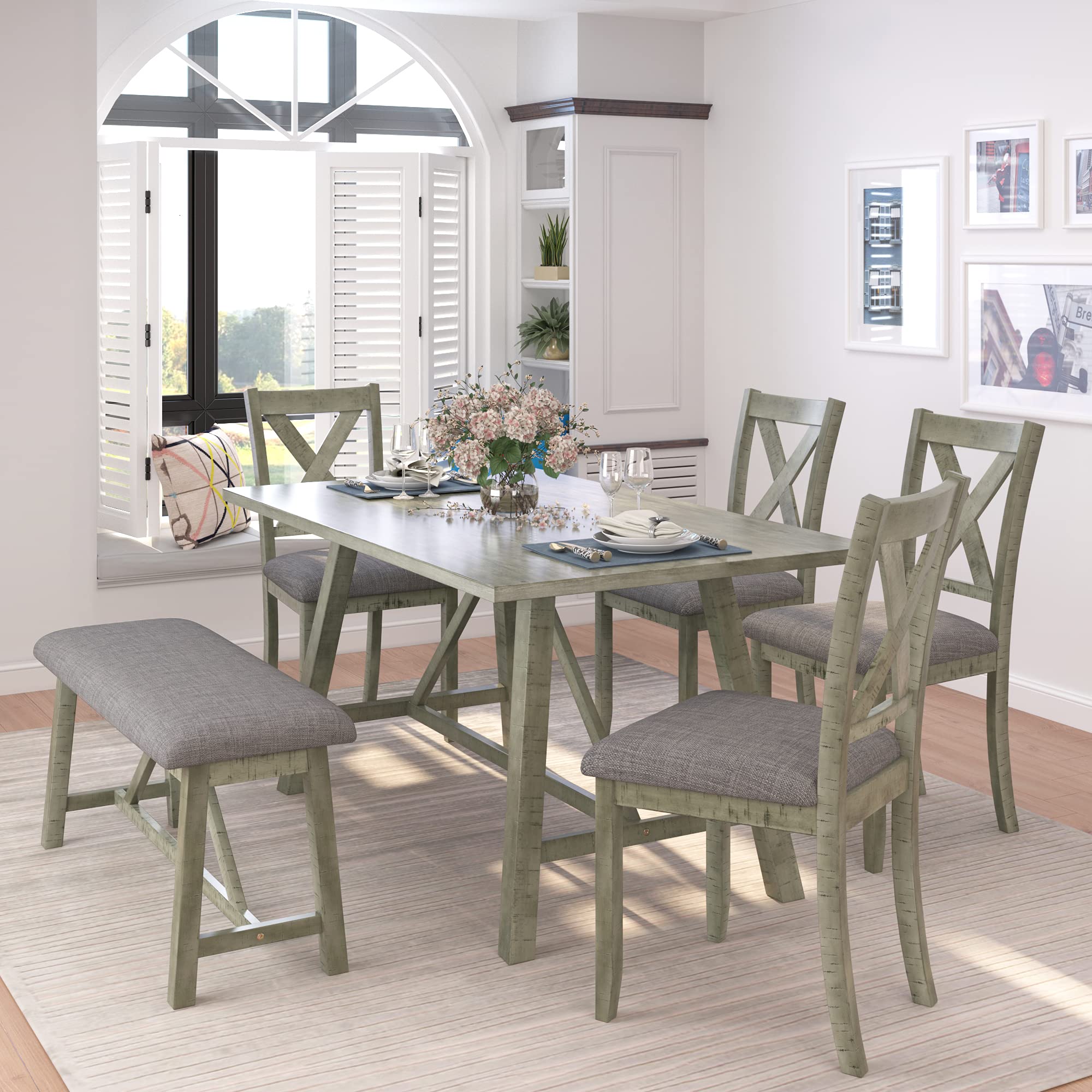 6 Piece Rustic Gray Wood Dining Table Set with Table, Bench & 4 Chairs - Perfect for Kitchen, Breakfast Nook & Small Space Dining Rooms