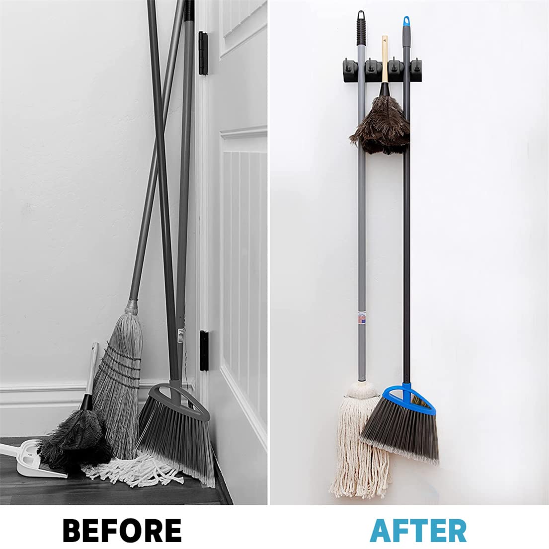 Heavy Duty Wall Mount Broom Holder with 3 Grippers & 4 Hooks - Mop and Broom Organizer for Garage, Utility Room, Garden Tool Storage - Space Saving Home Organization Solution for Cleaning Supplies