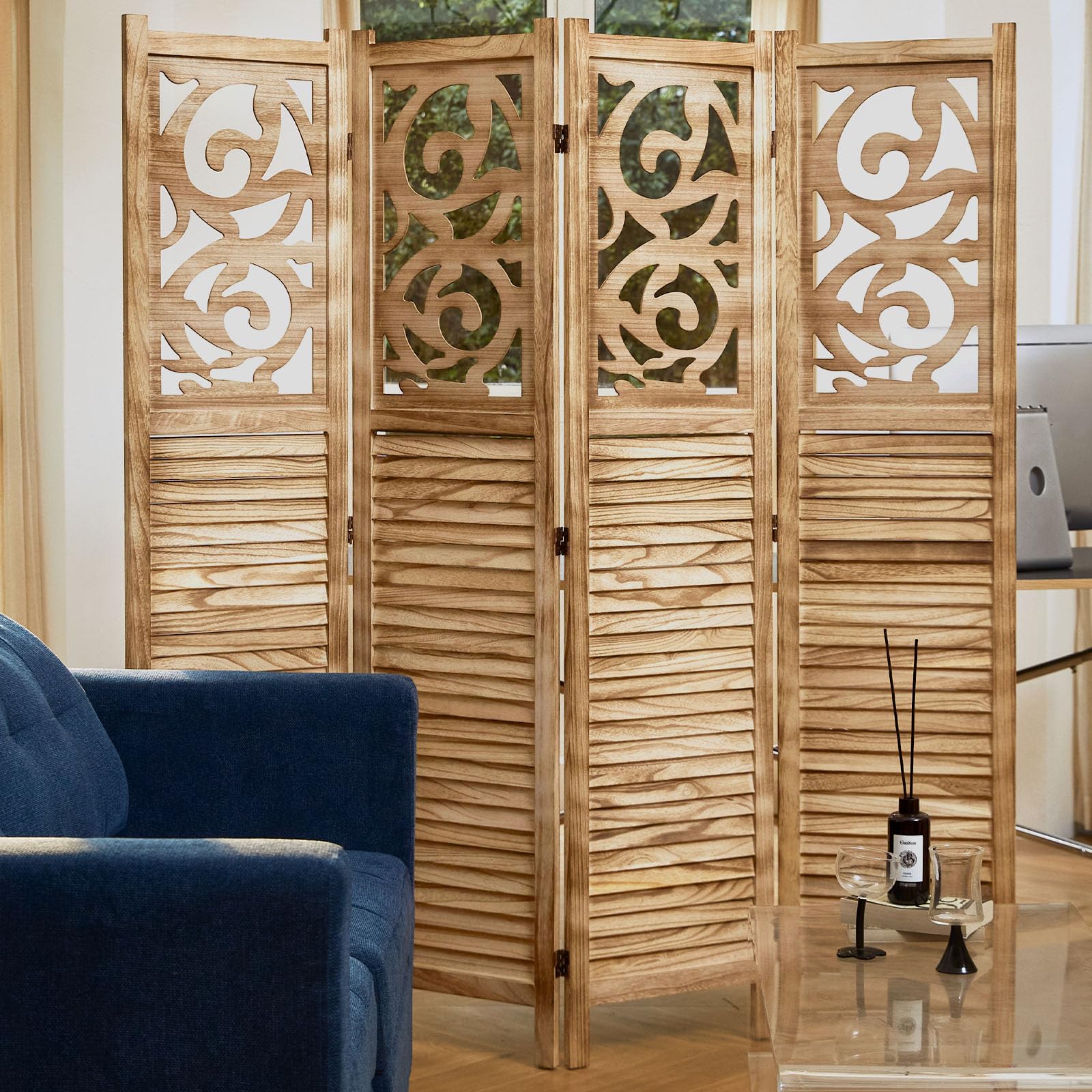 Wooden Room Divider Folding Partition Screen - 4 Panel Carved Wall Divider 67x60 Inches for Home, Office, Garden & Terrace | Portable Space Separator for Privacy, Decoration & Room Organization