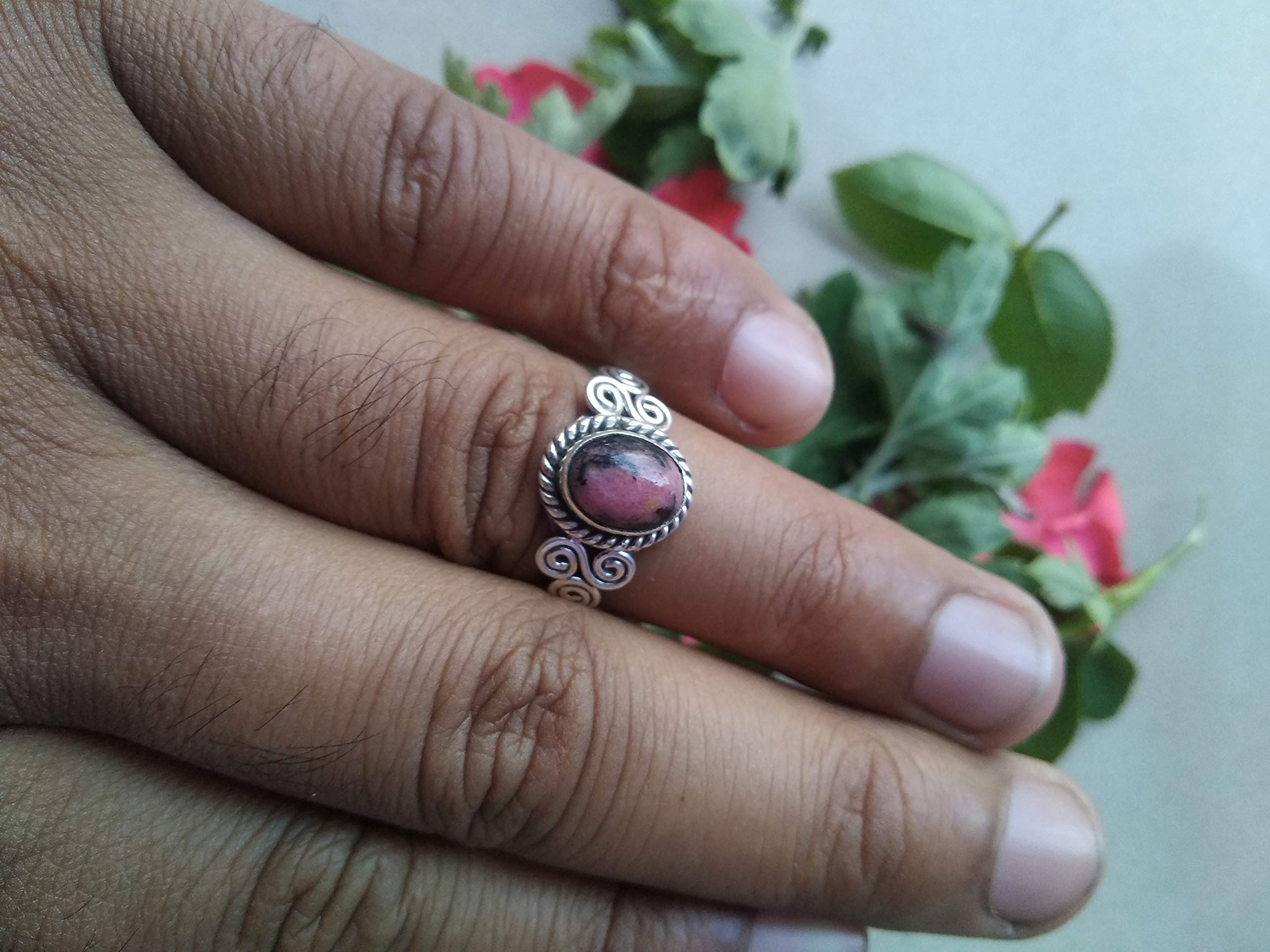 Rhodonite Ring for Women - 925 Sterling Silver Promise Ring, Boho Jewelry, Cabochon Statement Ring | Handmade Anniversary Gift, Unique Stackable Jewelry for Her | Perfect for Date Nights, Weddings & Special Occasions