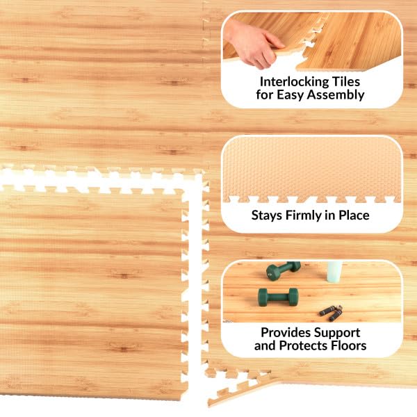 Stalwart EVA Foam Floor Tiles 6-Pack (24 SQFT) - Interlocking Puzzle Mats for Home Gym, Playroom & Exercise Areas - Light Woodgrain Non-Slip Flooring for Kids, Yoga & Workouts