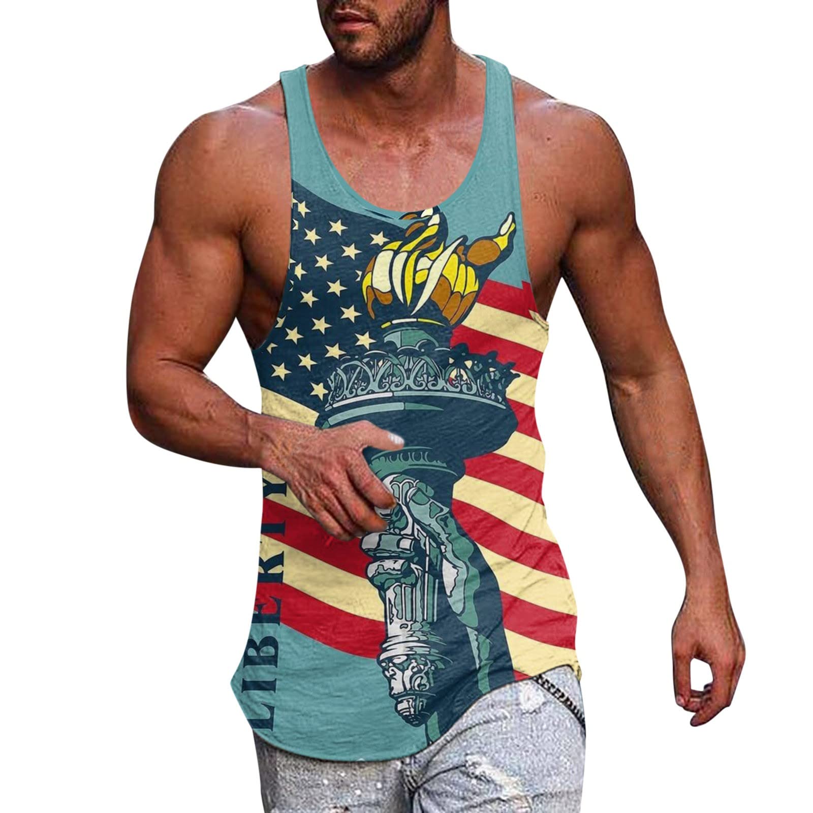 Men's American Flag Print Sleeveless Workout Tank Top - 4th of July Patriotic Fitness Vest, Muscle T-Shirt for Gym, Running & Outdoor Sports Activities