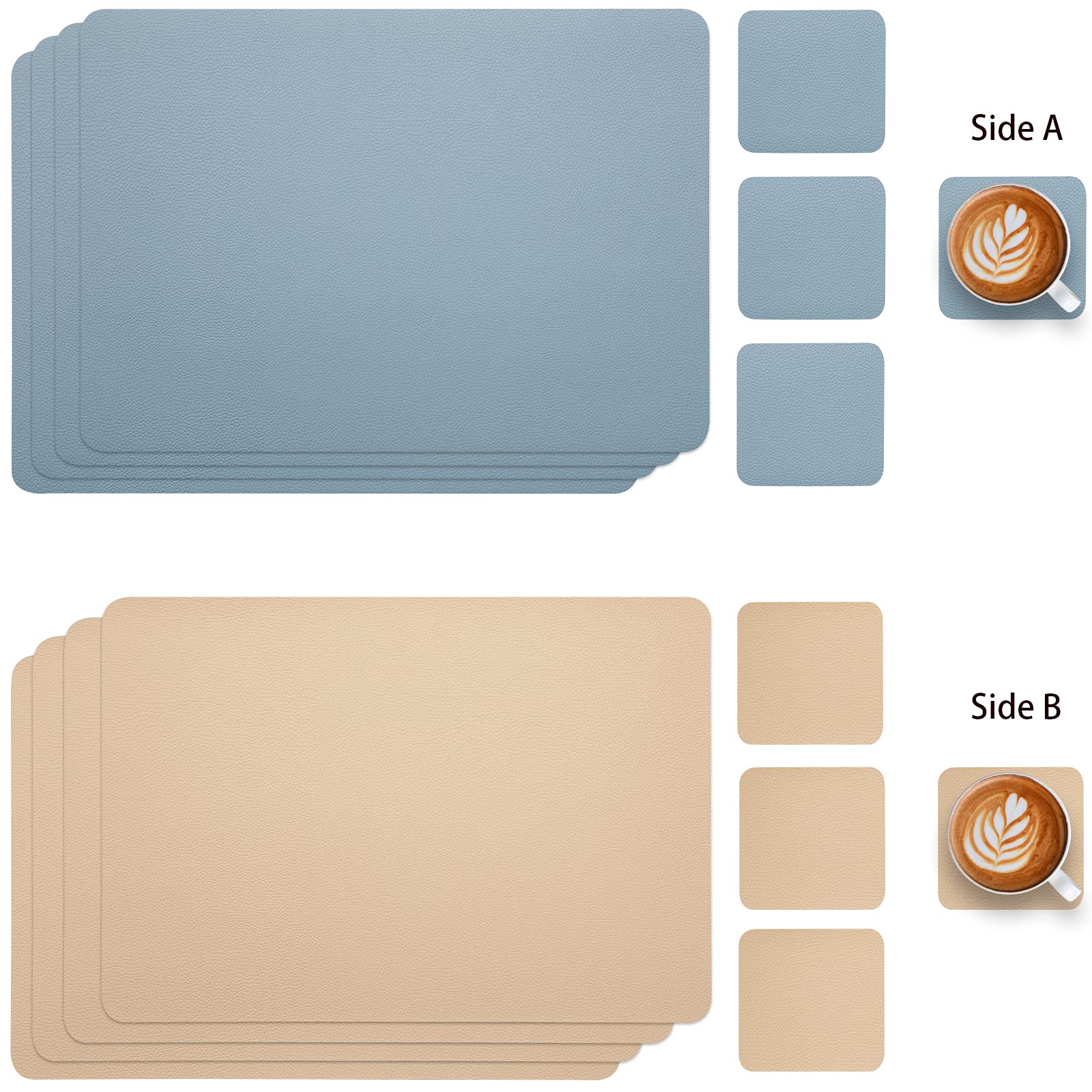 Myir JUN 6-Piece Faux Leather Placemats & Coasters Set - Dual-Sided, Stain-Resistant Table Mats for Dining Room - Camel Yellow & Light Blue - Perfect for Dinner Parties, Home Decor, and Daily Use
