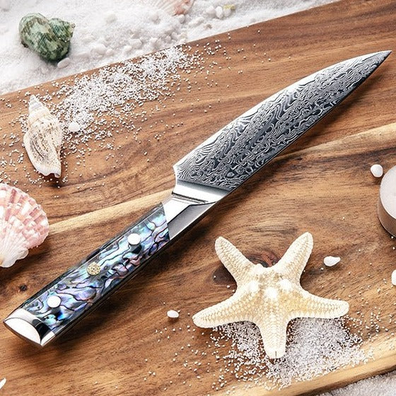 Premium Ronin Chef Knife - VG10 Damascus Steel Japanese Petty Knife with Genuine Abalone Shell Handle - Perfect for Sushi, Vegetables & Precision Kitchen Tasks