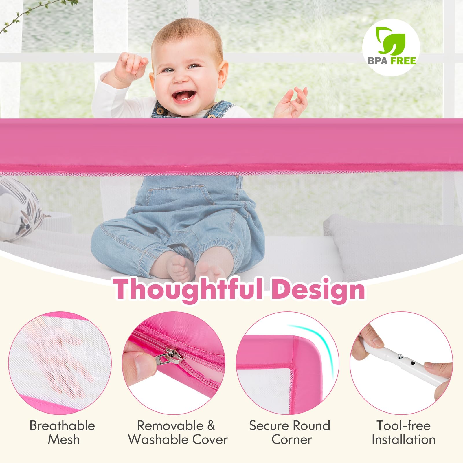 Costzon 2-Pack Extra Long Swing Down Bed Rails for Toddlers & Kids - 71-Inch Safety Bed Guards with Straps - Fits Convertible Crib, Twin, Double, Full, Queen & King Size Beds - Foldable Design (Pink) - Perfect for Childproofing, Preventing Falls & Transitioning from Crib to Big Kid Bed