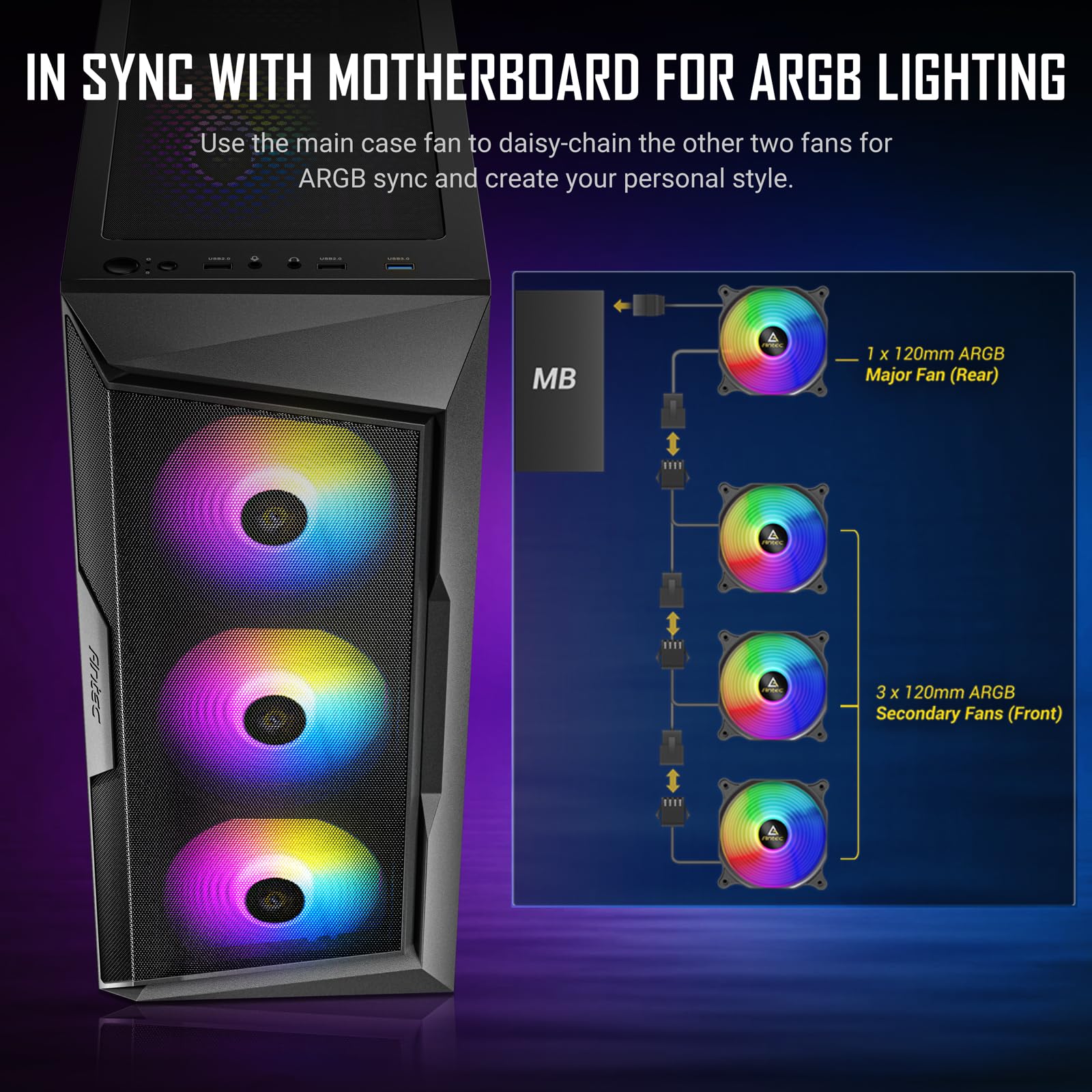 ANTEC AX61 Mid-Tower ATX Gaming PC Case - Mesh Front Panel, 3x ARGB Fans, Tempered Glass Side Panel, 360mm Radiator Support - Perfect for High-Performance Gaming & Streaming Setups
