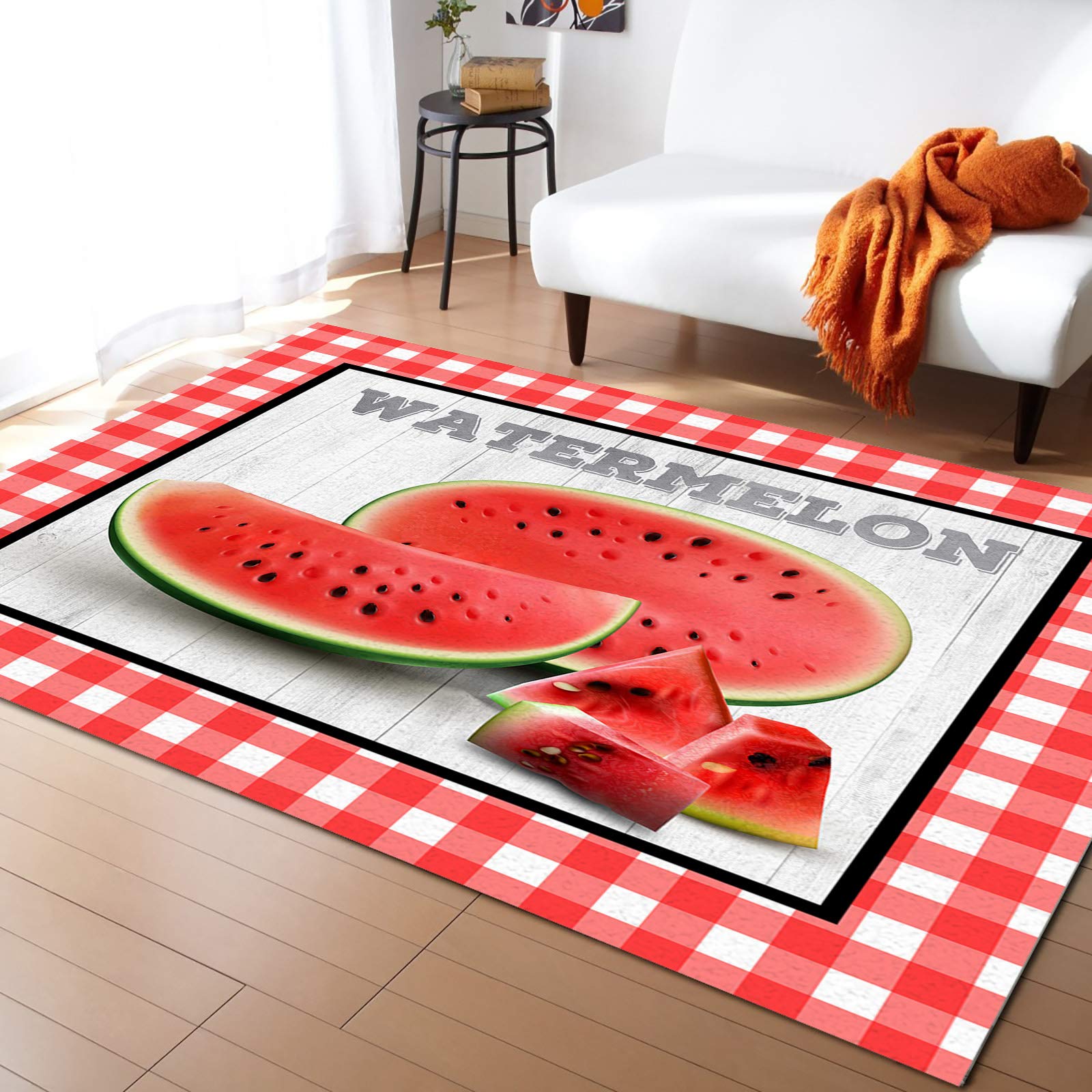 Large Non-Slip Area Rug 2'7x5' - Watermelon Pattern Summer Bedroom Carpet, Buffalo Plaid Kitchen Runner, Red and White Floor Mat for Living Room, Dorm, Nursery & Home Decor