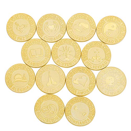 Spanish Wedding Arras Coins Set - 13 Gold Unity Coins in Pearl & Crystal Heart Jewelry Box - Traditional Wedding Ceremony Souvenirs for Bridal Shower, Vow Renewal & Hispanic Wedding Traditions
