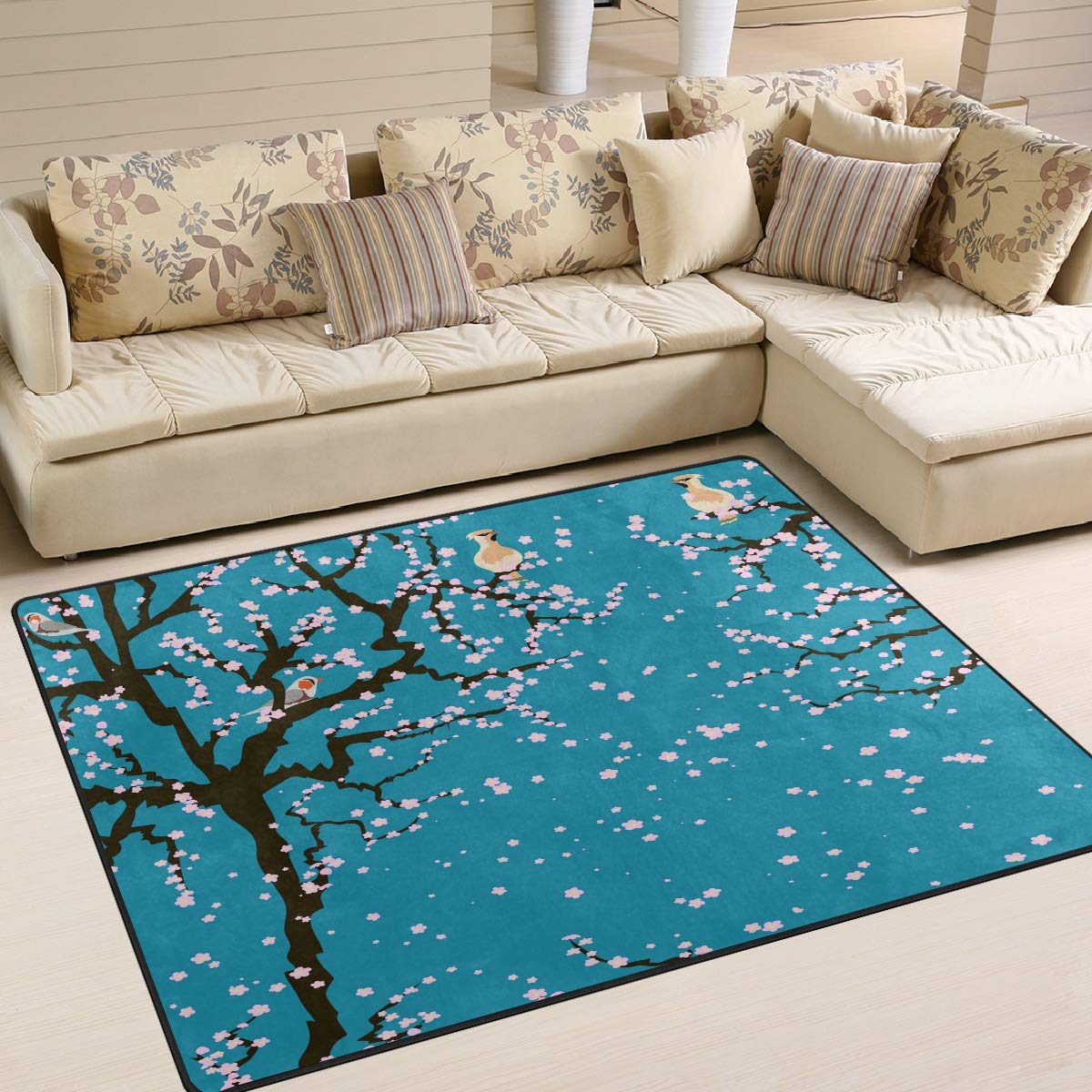 ALAZA Spring Cherry Blossom Floral Bird Japanese Design Area Rug - 7' x 5' Non-Slip Living Room Bedroom Rug - Perfect for Home Decor, Dorm Room & Office Spaces