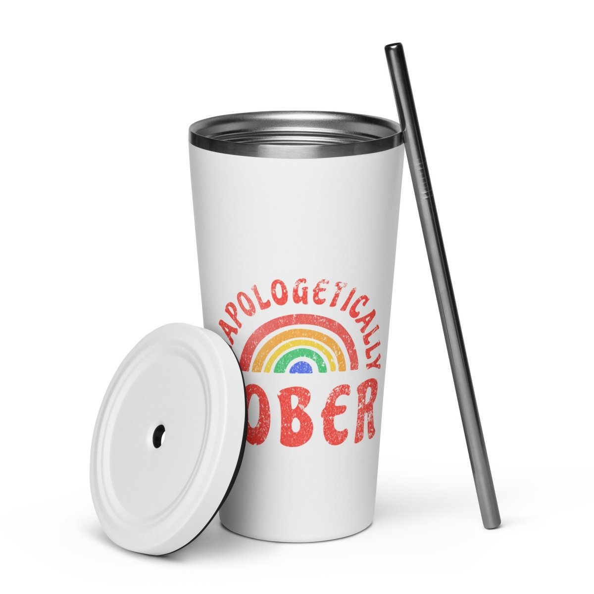 Unapologetically Sober Rainbow Insulated Tumbler - 20oz Stainless Steel Travel Mug with Lid & Straw - Perfect for Iced Coffee, Smoothies & Motivational Sobriety
