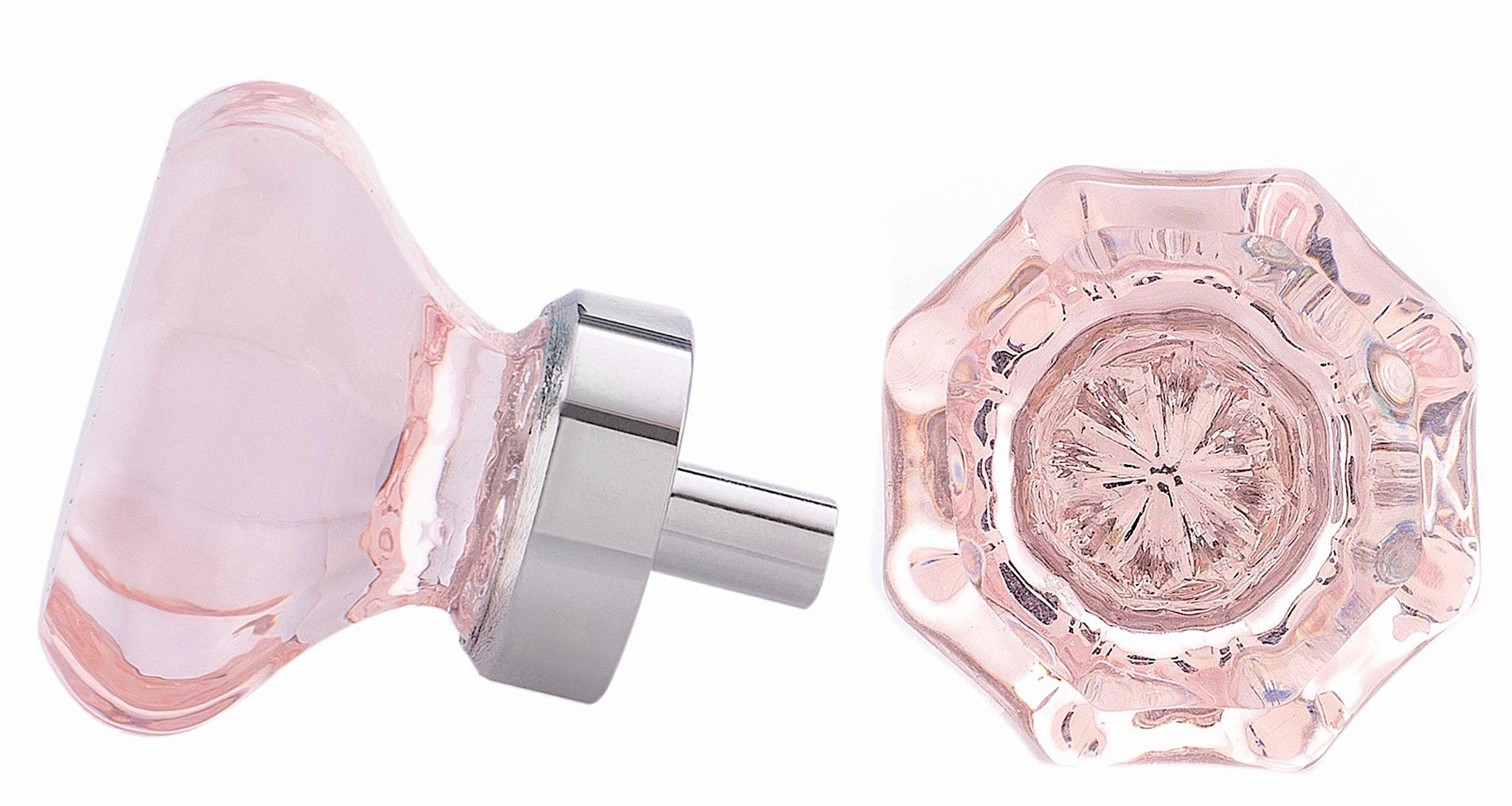 Pink Glass & Nickel Bifold Knob Pulls - Set of 4 for Cabinets & Wardrobes