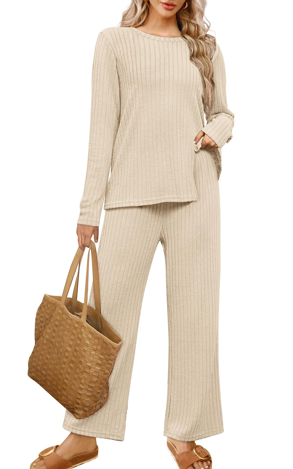 WIHOLL Women's Two Piece Lounge Set - Cozy Sweater & Pants Loungewear with Pockets | Soft Casual Outfit for Home, Travel & Relaxation