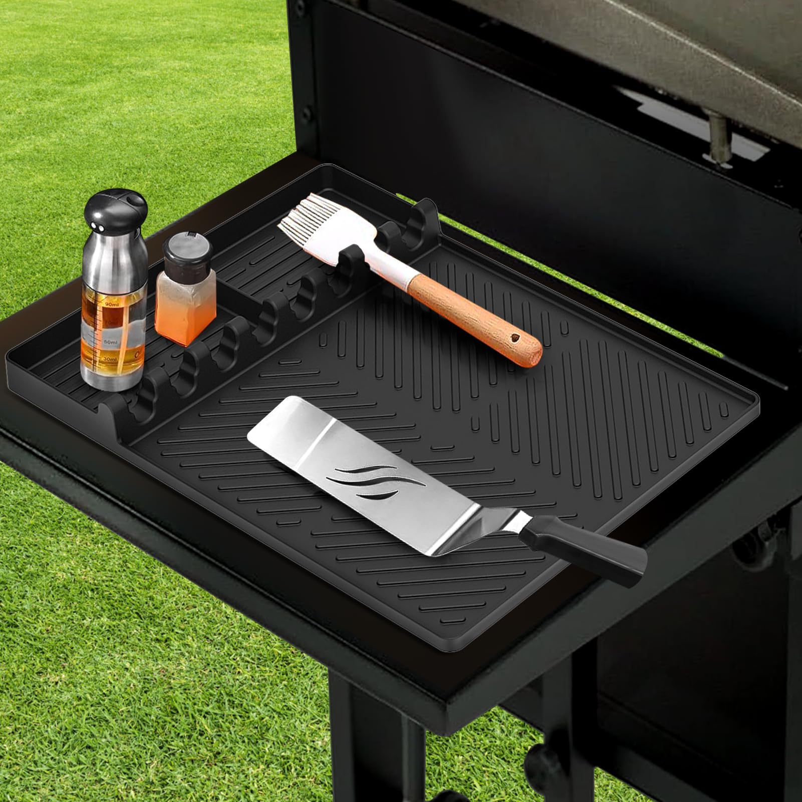 Premium Silicone Griddle Tools Mat for Blackstone Grill - Large Non-Slip BBQ Utensil Holder with Drip Tray - Heat-Resistant Cooking Mat for Kitchen Countertops - Perfect for Outdoor Grilling, Camping & Backyard BBQs