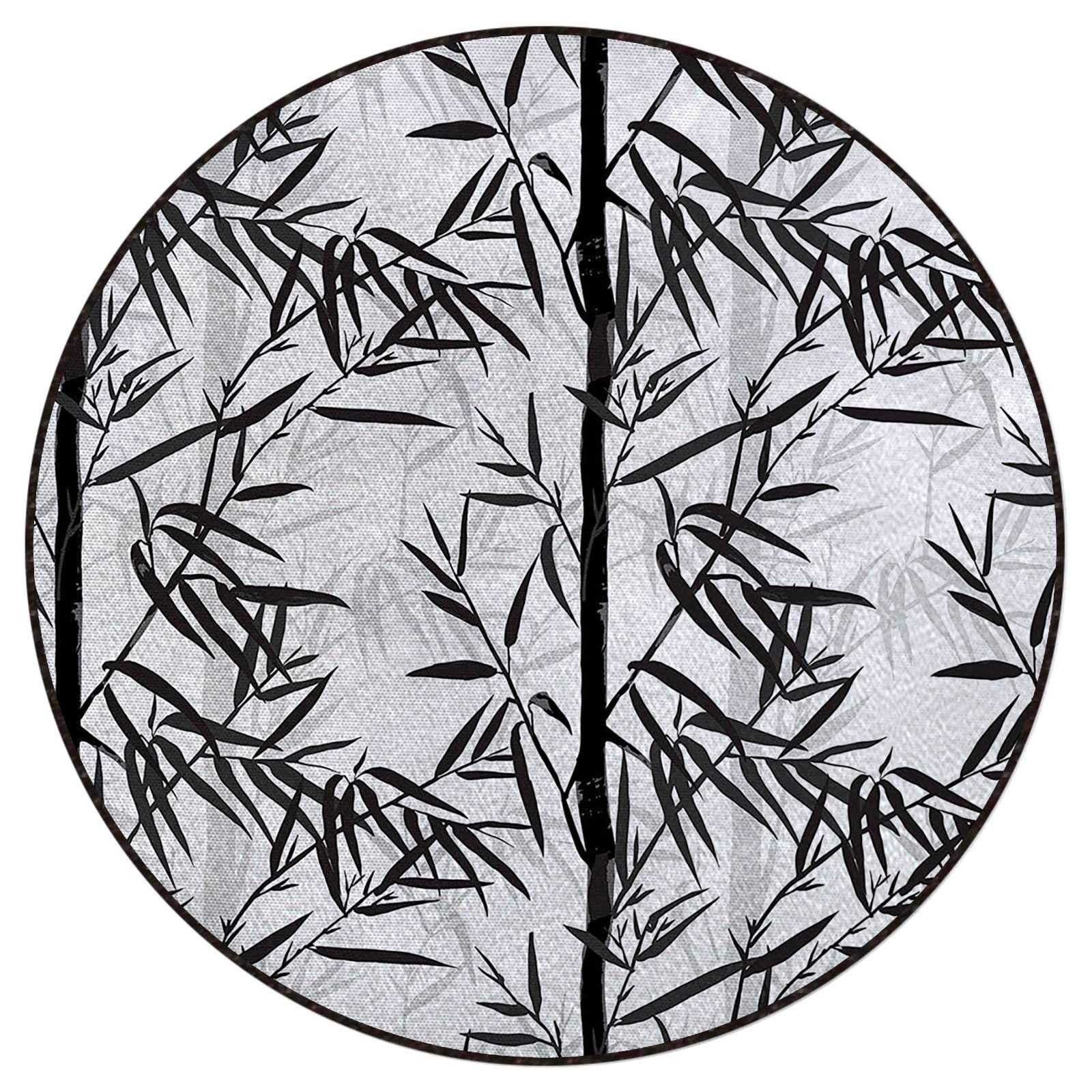 Premium Black Charcoal Grey White Round Bamboo Area Rug - 4 ft Diameter Non-Slip Floor Mat for Living Room, Bedroom & Office Decor