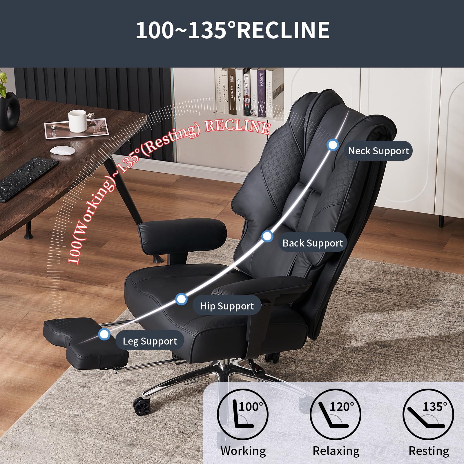 Big and Tall Office Chair 400lbs Capacity - Wide Seat Leather Executive Chair with Adjustable Lumbar Support & Footrest - Ergonomic High Back Desk Chair for Back Pain Relief - Perfect for Home Office, Gaming & Workspace (Black)