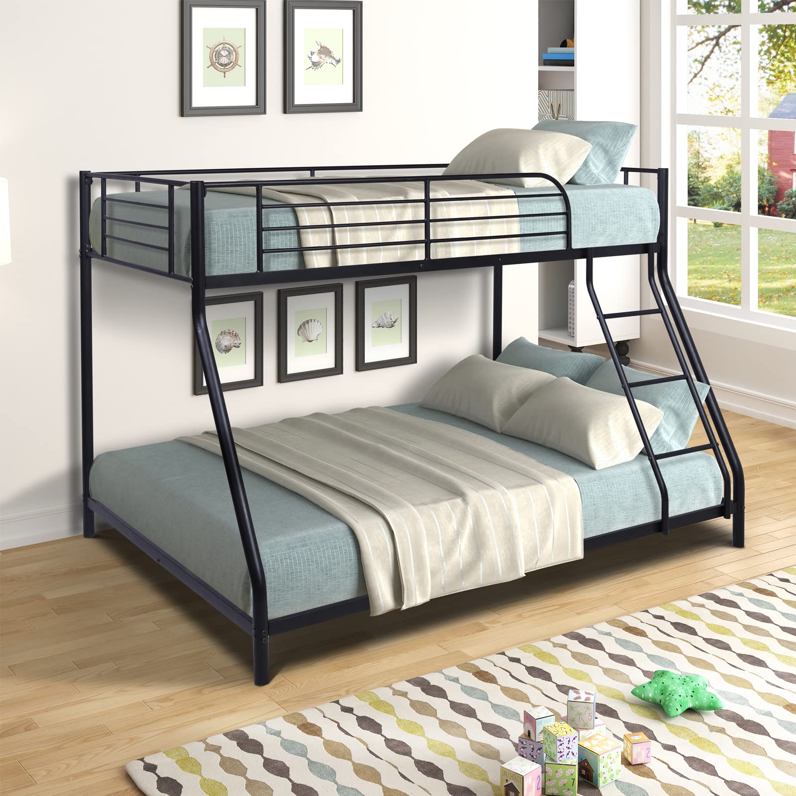 Heavy Duty Metal Bunk Bed Frame Twin Over Full with Safety Rail & Ladder - Sturdy Dormitory Bed for Boys, Girls & Adults - No Box Spring Needed - Black - Perfect for Kids' Rooms, College Dorms & Space-Saving Bedrooms