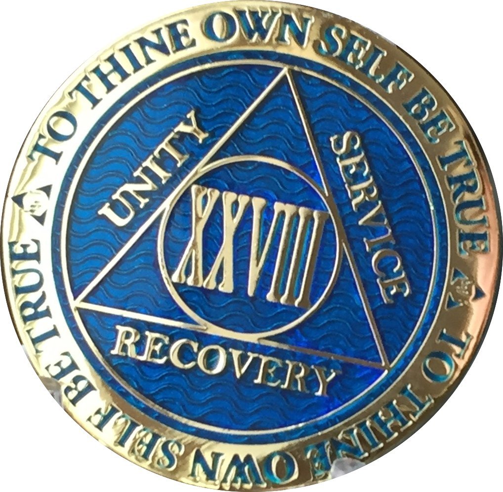 Recovery Chip 28 Year Anniversary AA Medallion - Gold Plated Reflex Blue Token for Alcoholics Anonymous, Sobriety Gifts & 12 Step Programs - Perfect for Milestone Celebrations, Meetings and Inspirational Keepsakes