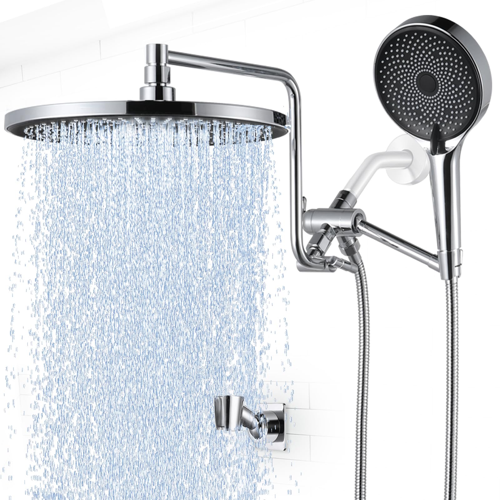 YDmeet Dual Shower Head Combo - 10 Inch Rainfall Shower Head & Adjustable 12 Inch Extension Arm with 3-Way Diverter - Handheld Showerhead with 71 Inch Hose - Chrome Finish - Perfect for Bathroom Renovation, Spa-Like Experience & Water Saving