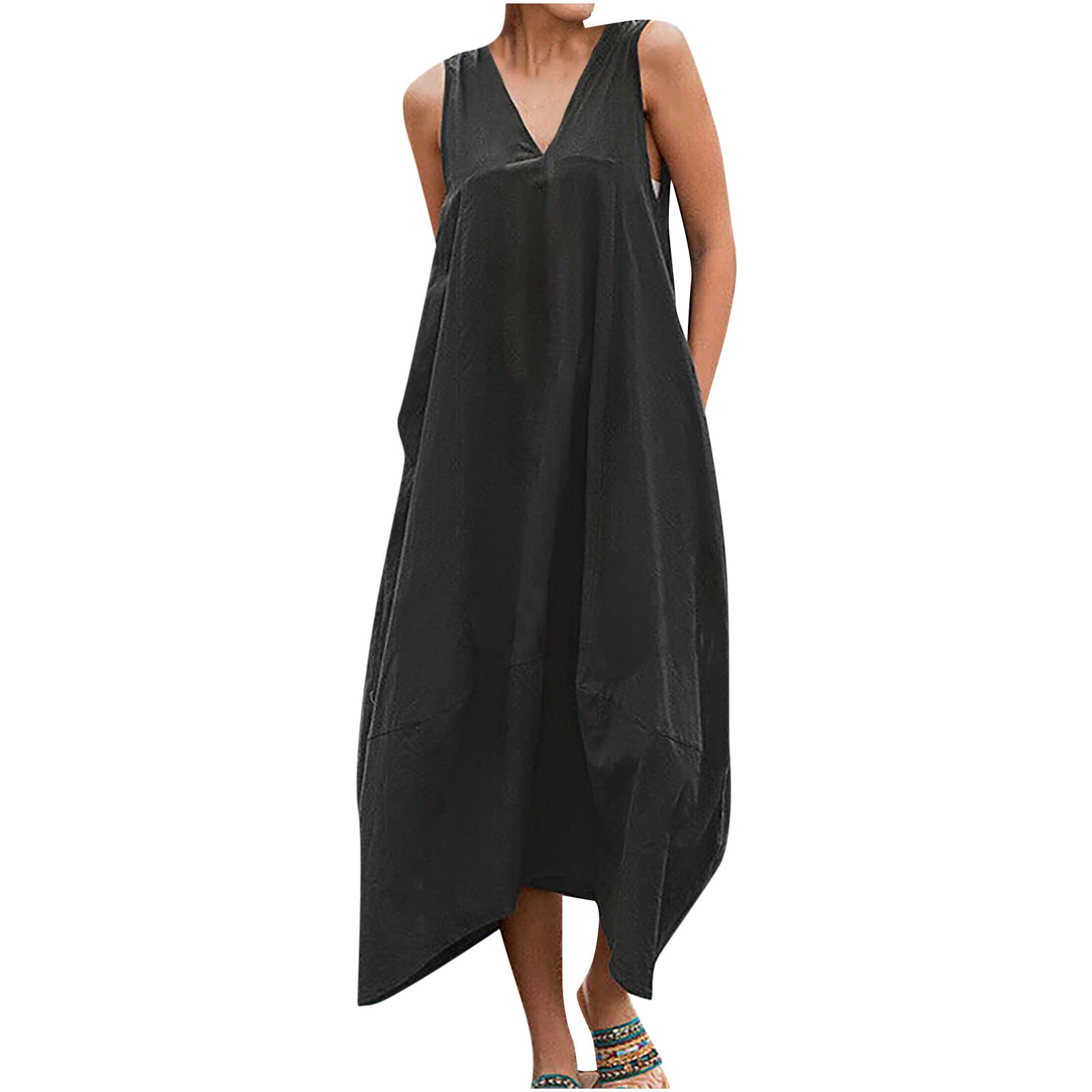 YZHM Women's Casual Sleeveless Linen Dress - V Neck Loose Fit Boho Maxi Dress with Pockets | Beach Cover Up, Summer Sundress, Vacation Outfit