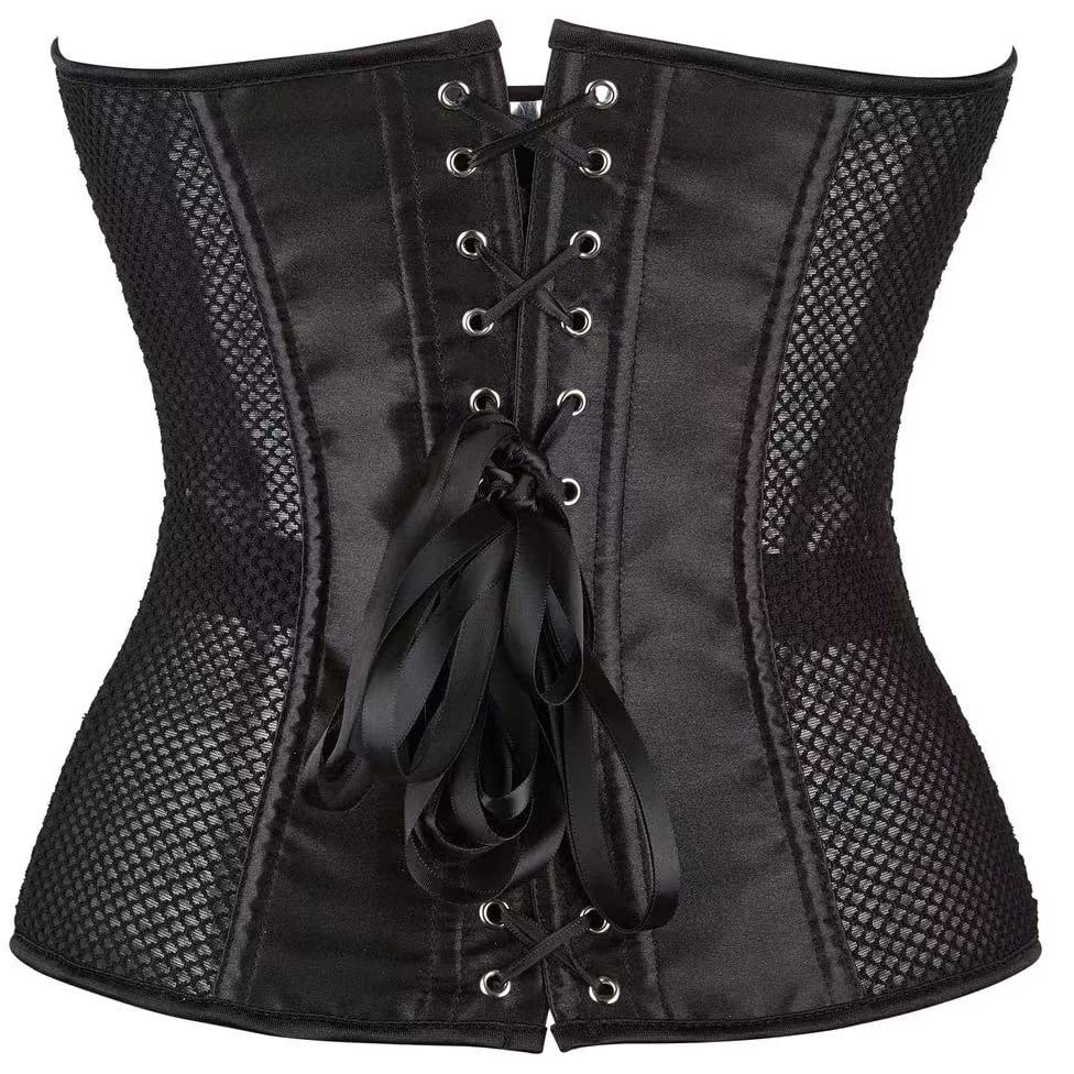 SHYMMUO Women's Black Corset Top - Mesh Boned Body Shaper, Sexy Lace Up Overbust Waist Trainer for Shapewear, Burlesque, Cosplay & Evening Wear