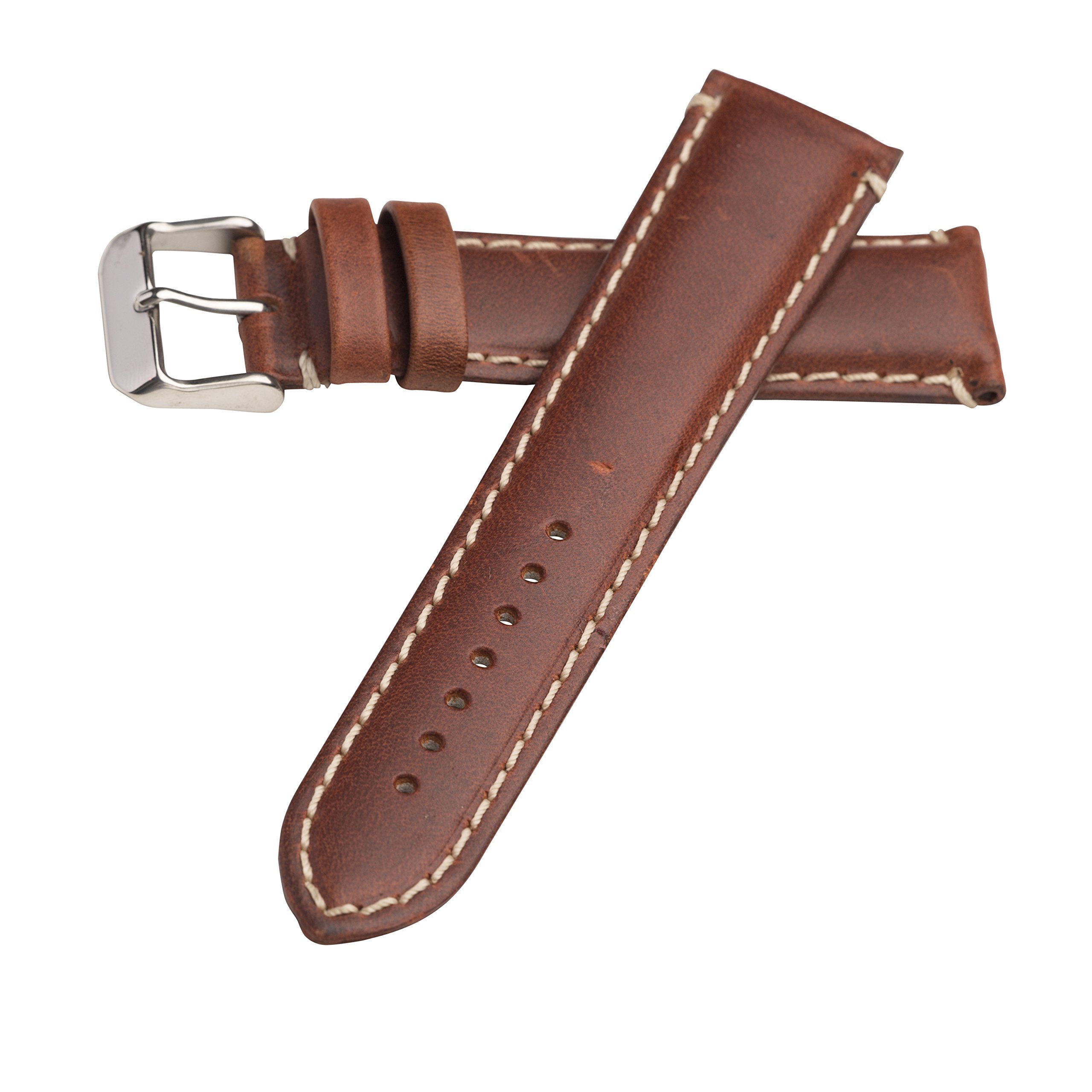 Hadley Roma MS885 22mm Genuine Leather Watch Band - Chestnut Oil Tan Leather Strap with Contrast Stitching for Men & Women | Perfect for Dress Watches, Casual Wear & Everyday Use