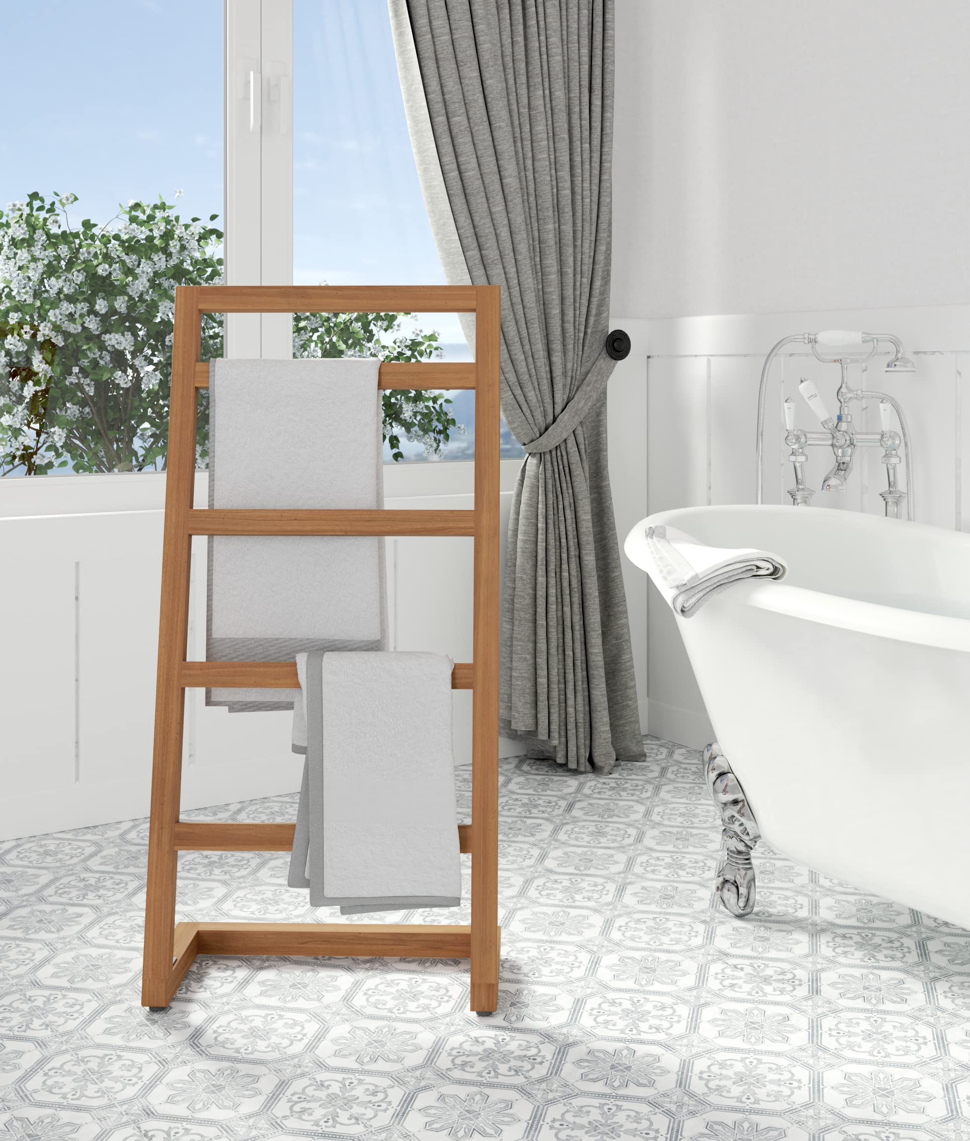 AquaTeak Patented Sula Angled Teak Towel Stand - Premium Bathroom Organizer for Spa, Poolside & Luxury Home Decor