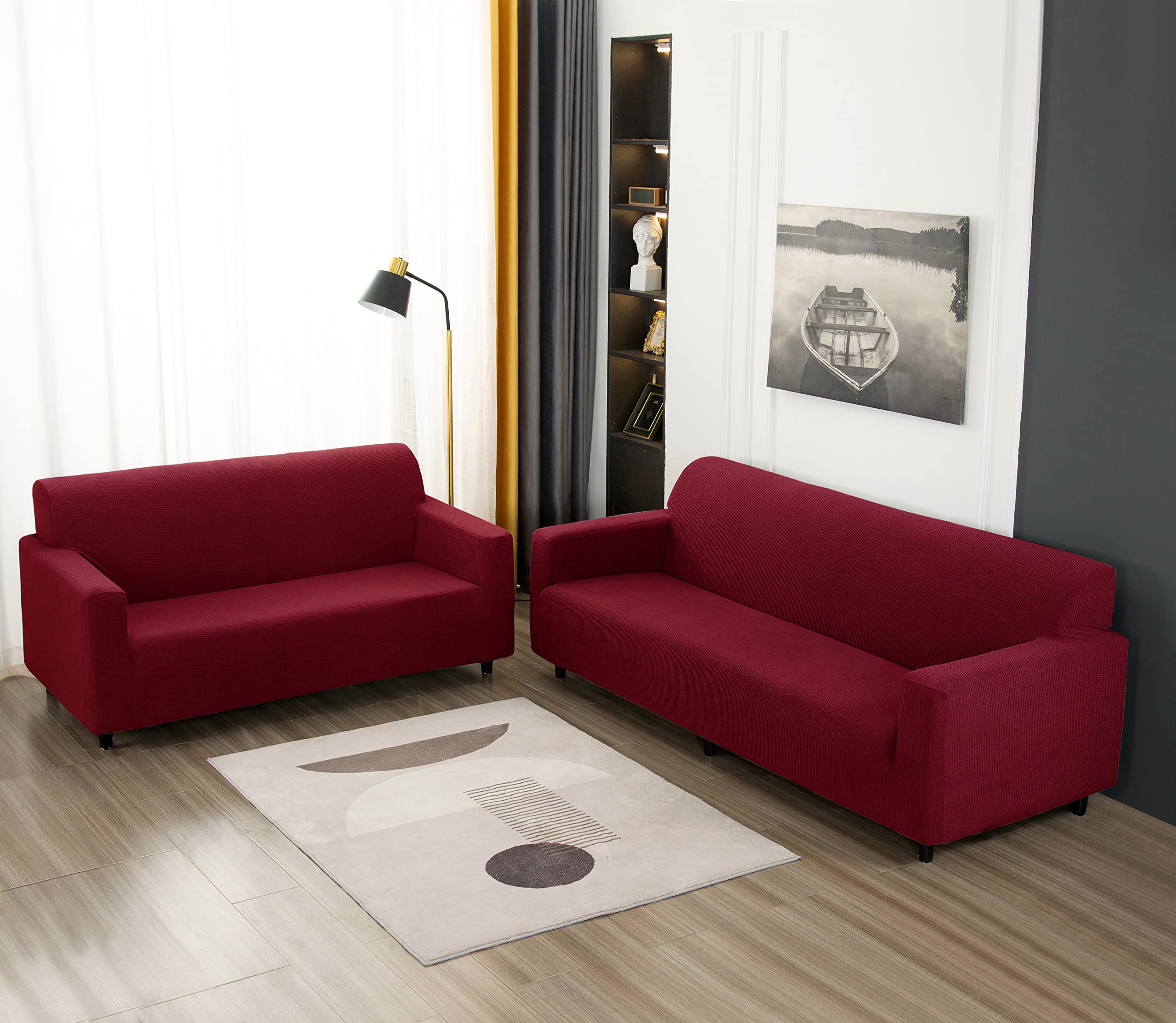 3-Piece Sofa Cover Set - Jacquard Velvet Slipcovers for 1/2/3-Seater Couch, Loveseat & Armchair - Wine Red Furniture Protector (Sofa+Loveseat+Armchair) - Perfect for Living Room, Family Room & Home Decor Protection