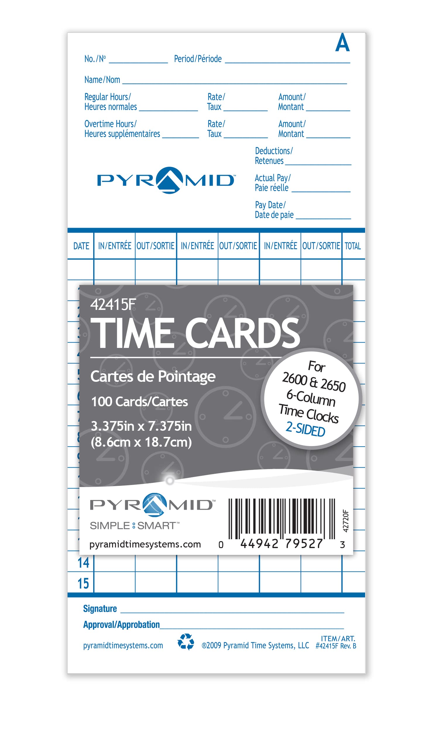 1000 Genuine Pyramid Time Cards 42415FMB for 2600 & 2650 Time Clocks - French Language - Perfect for Employee Time Tracking & Payroll Management in Offices & Workplaces