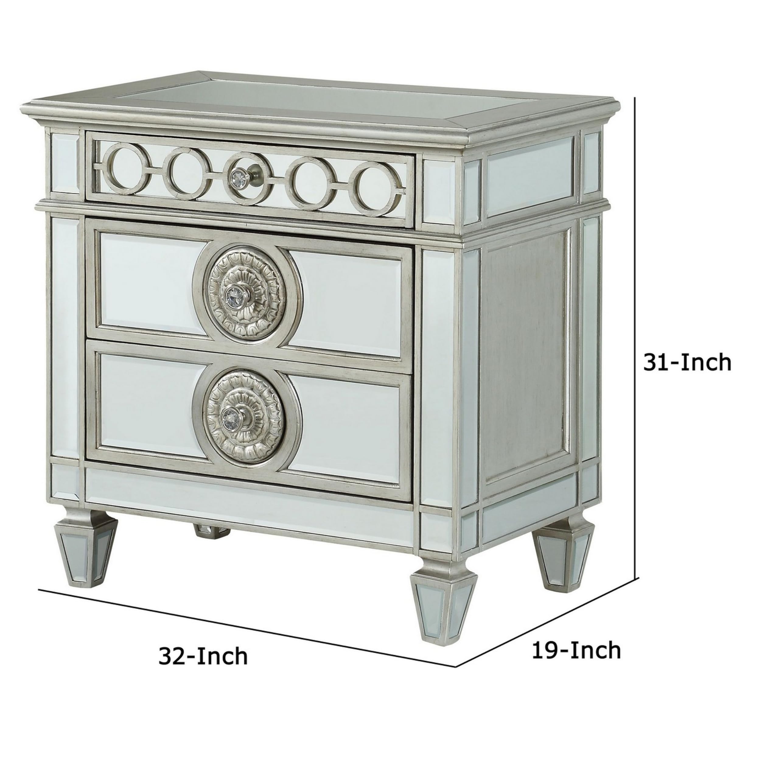 Benjara Silver Accent Wooden Nightstand with 3 Storage Drawers - Modern Bedroom Furniture for Master Bedroom, Guest Room or Apartment