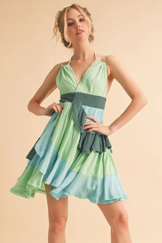 Stylish Green Ruffled Sleeveless Mini Dress for Women - Perfect for Beach Vacation, Summer Party & Resort Wear