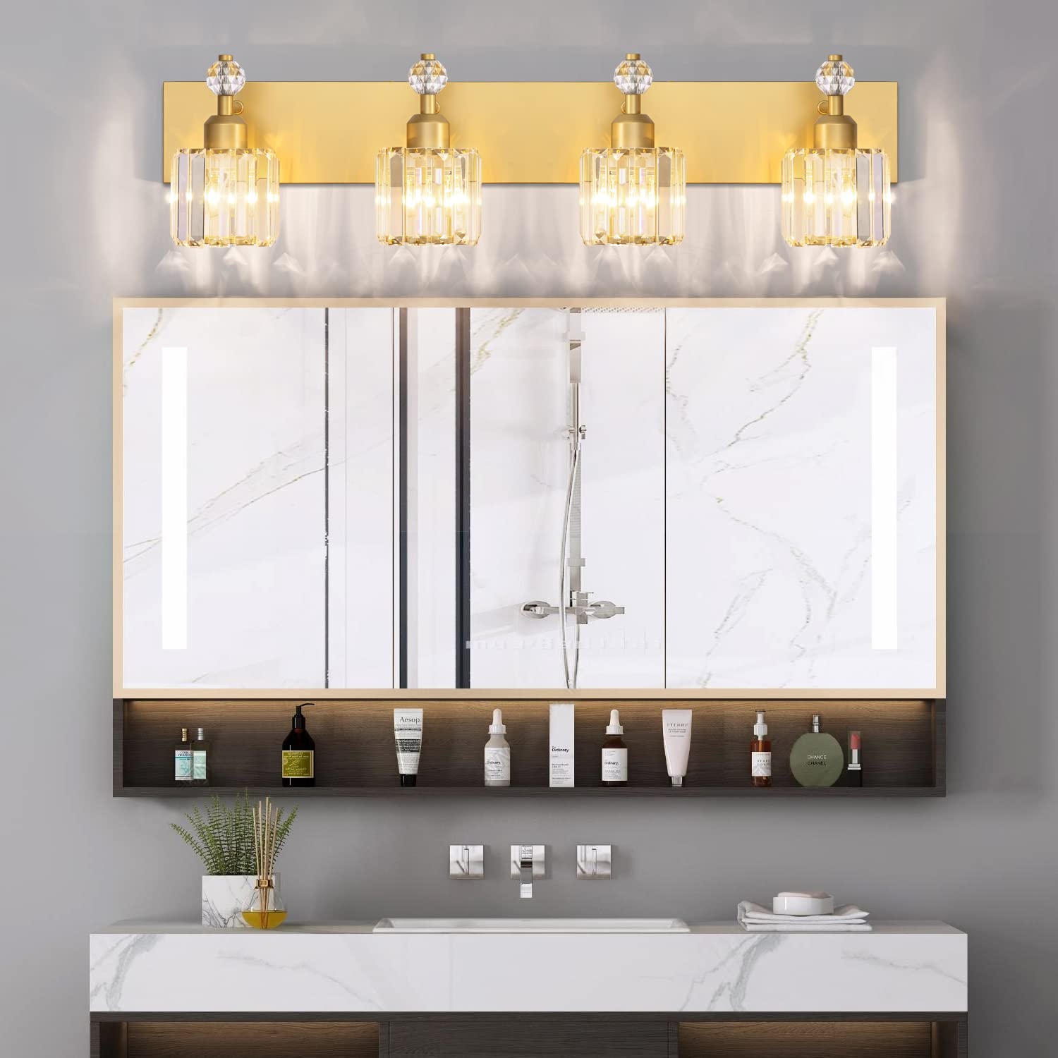 Modern Crystal Bathroom Vanity Light - 4-Light Gold Vanity Lighting for Mirror - Elegant Wall Fixture for Bathroom, Bedroom & Dressing Room