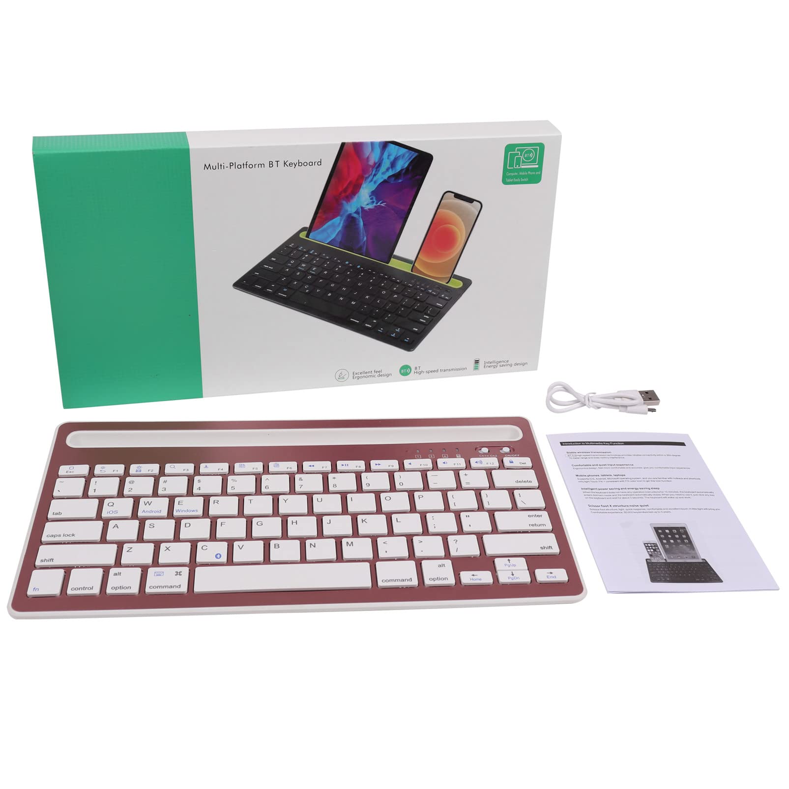 Multi-Device Bluetooth Keyboard - Wireless Rechargeable Keyboard for iPad, Tablet, Smartphone, MacBook (Android/iOS/Windows Compatible) with Stand Holder - Rose Pink | Perfect for Home Office, Travel & Remote Work
