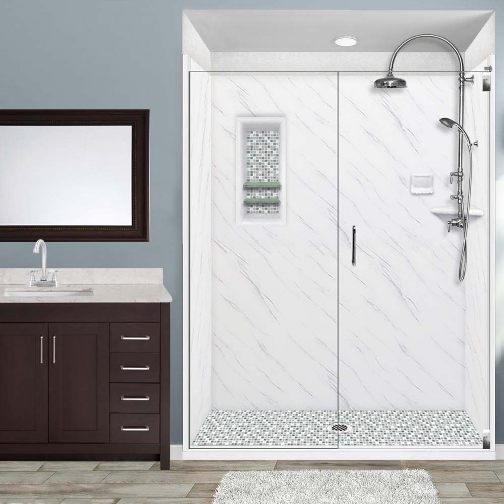 Carrara Marble Del Mar Mosaic Alcove Shower Enclosure Kit - Premium Bathroom Upgrade for Modern Homes, Spa-Like Shower Experience